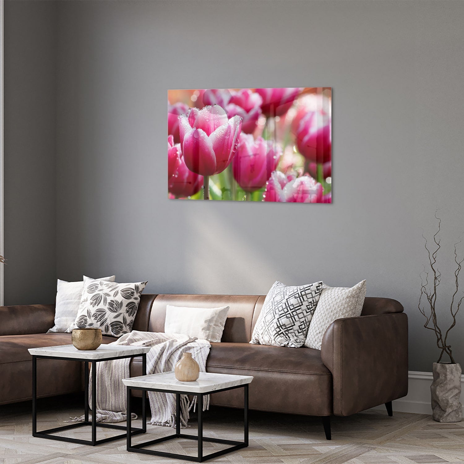 Glasbild mit bezaubernden rosa Tulpen – Glasbild aus Sicherheitsglas, Größe 50x50_rond