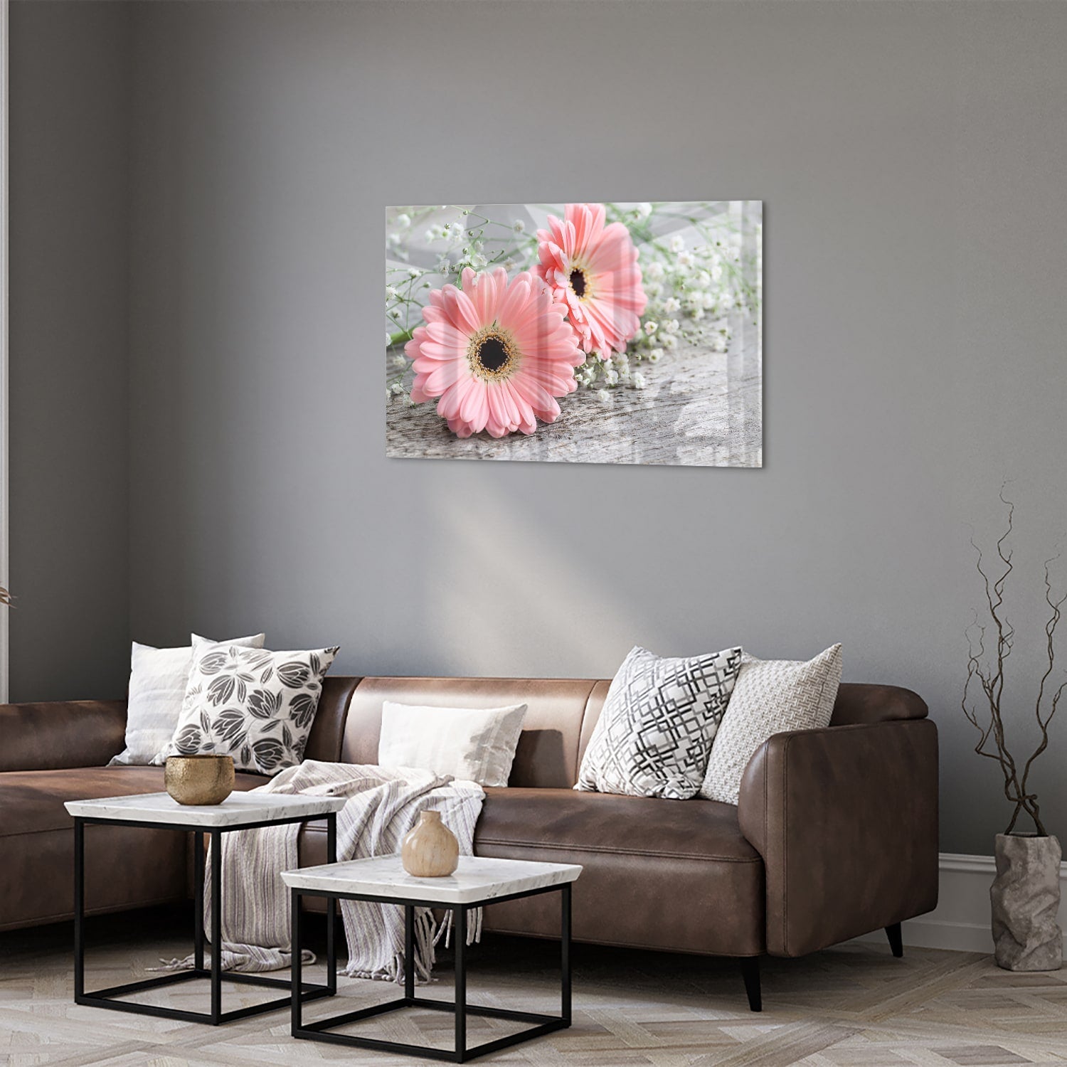 Rosafarbenes Gerbera-Glasbild für ein modernes Zuhause – Glasbild aus Sicherheitsglas, Größe 50x50_rond