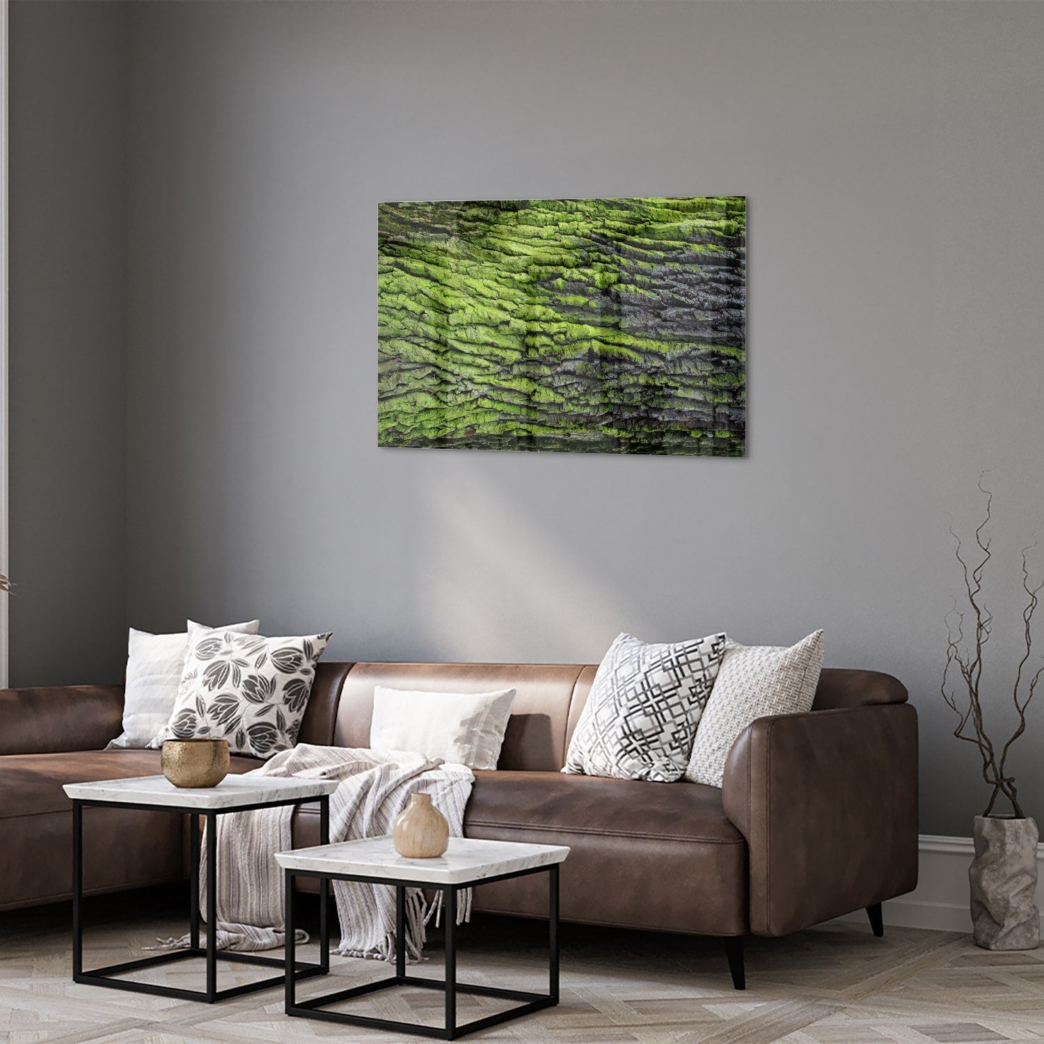 Glasbild mit moosartiger Textur – Glasbild aus Sicherheitsglas, Größe 50x50_rond