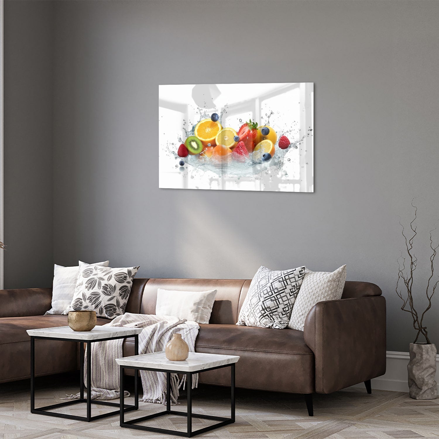 Stimmungsvolles Glasbild mit farbenfroher Fruchtkomposition – Glasbild aus Sicherheitsglas, Größe 50x50_rond