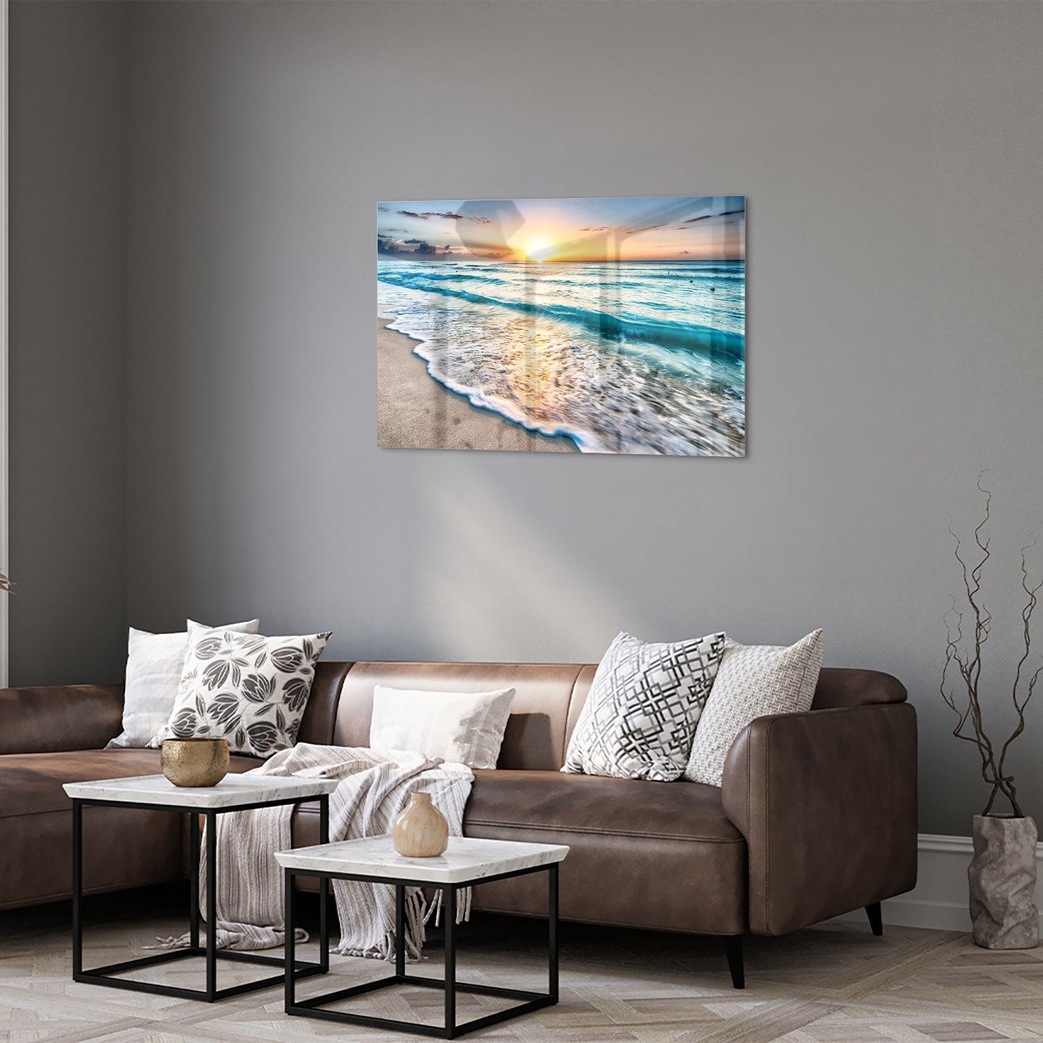 Wunderschönes Glasbild mit einem Sonnenuntergang am See – Glasbild aus Sicherheitsglas, Größe 50x50_rond