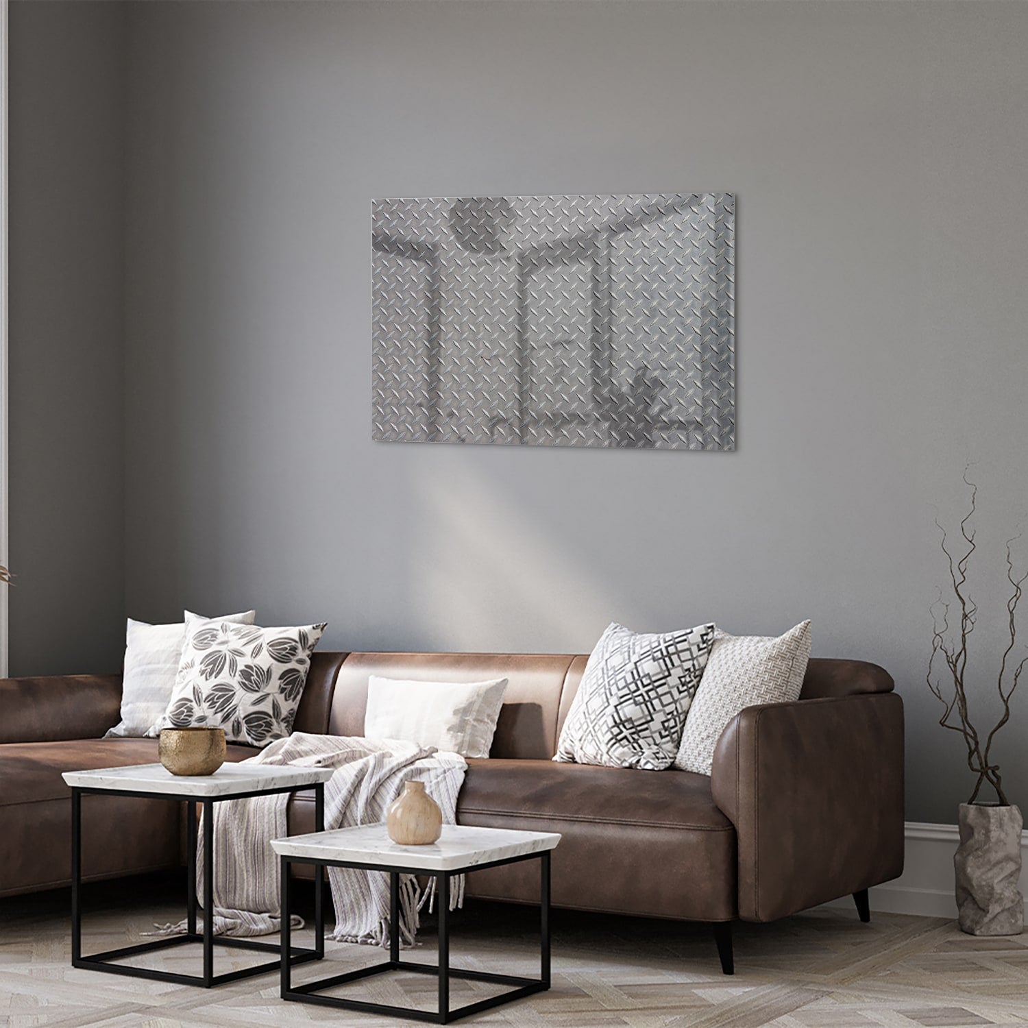 Industrielles Glasbild mit Karomuster – Glasbild aus Sicherheitsglas, Größe 50x50_rond