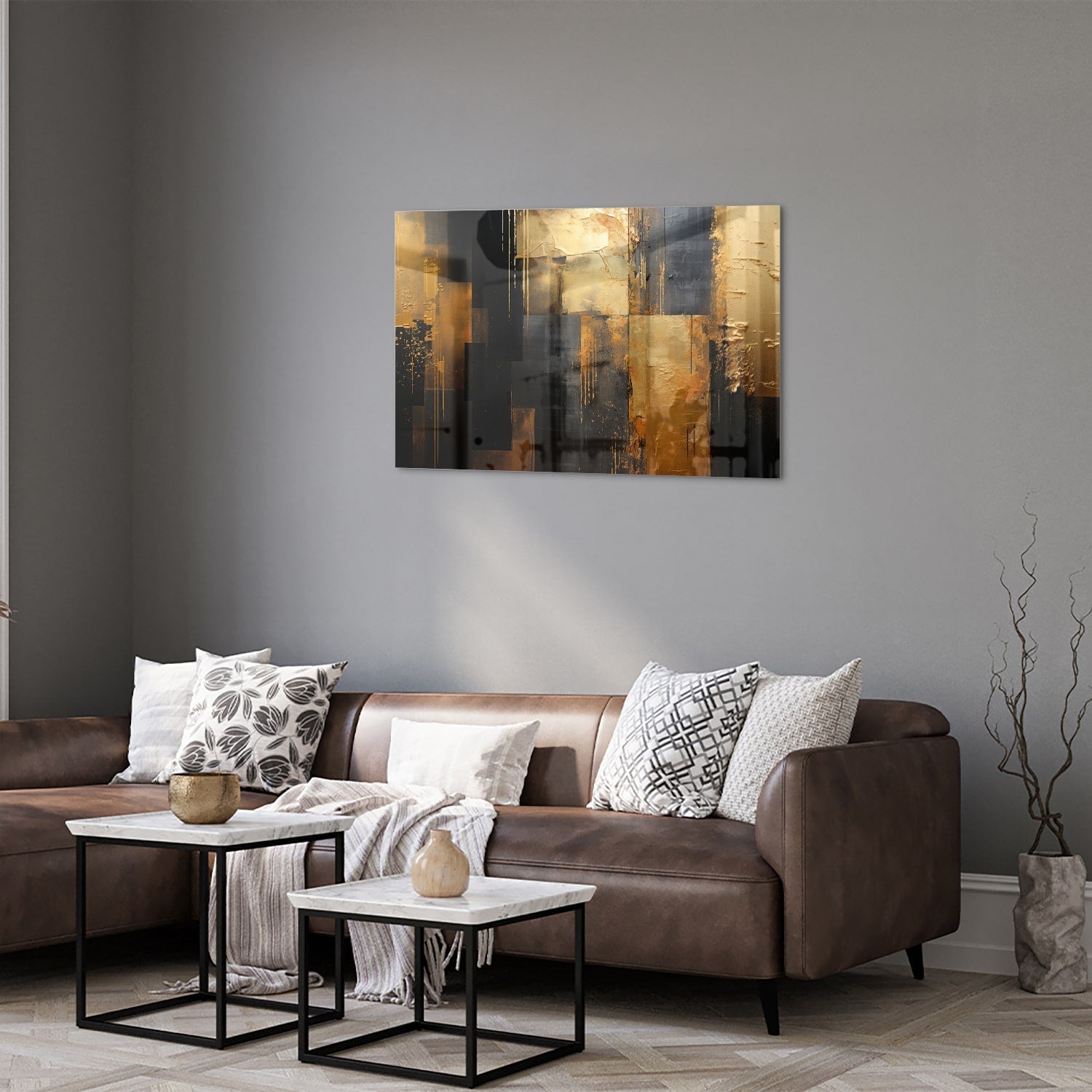 Abstraktes Glasbild in Gold und Schwarz – Glasbild aus Sicherheitsglas, Größe 50x50_rond