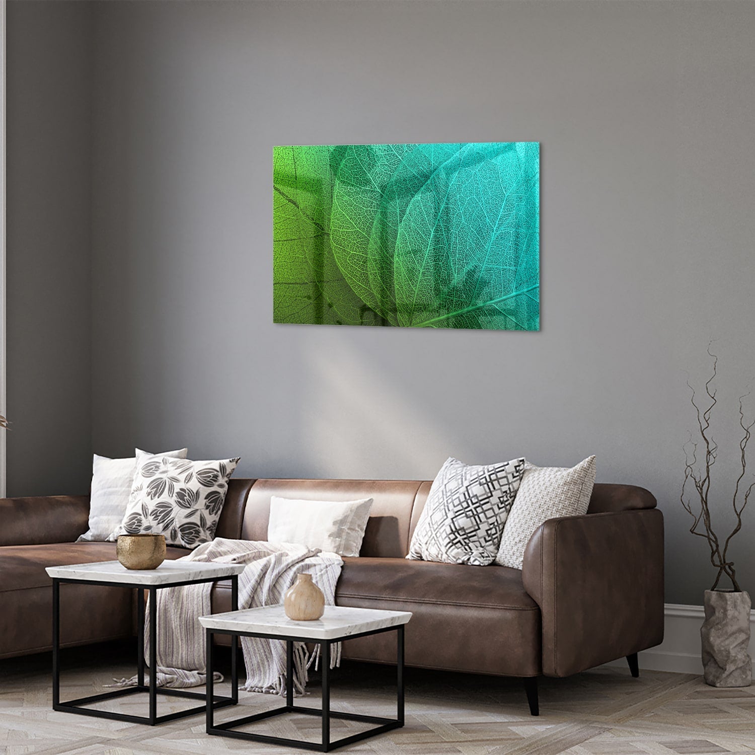Glasbild mit strukturierter Oberfläche aus grünen Blättern – Glasbild aus Sicherheitsglas, Größe 50x50_rond