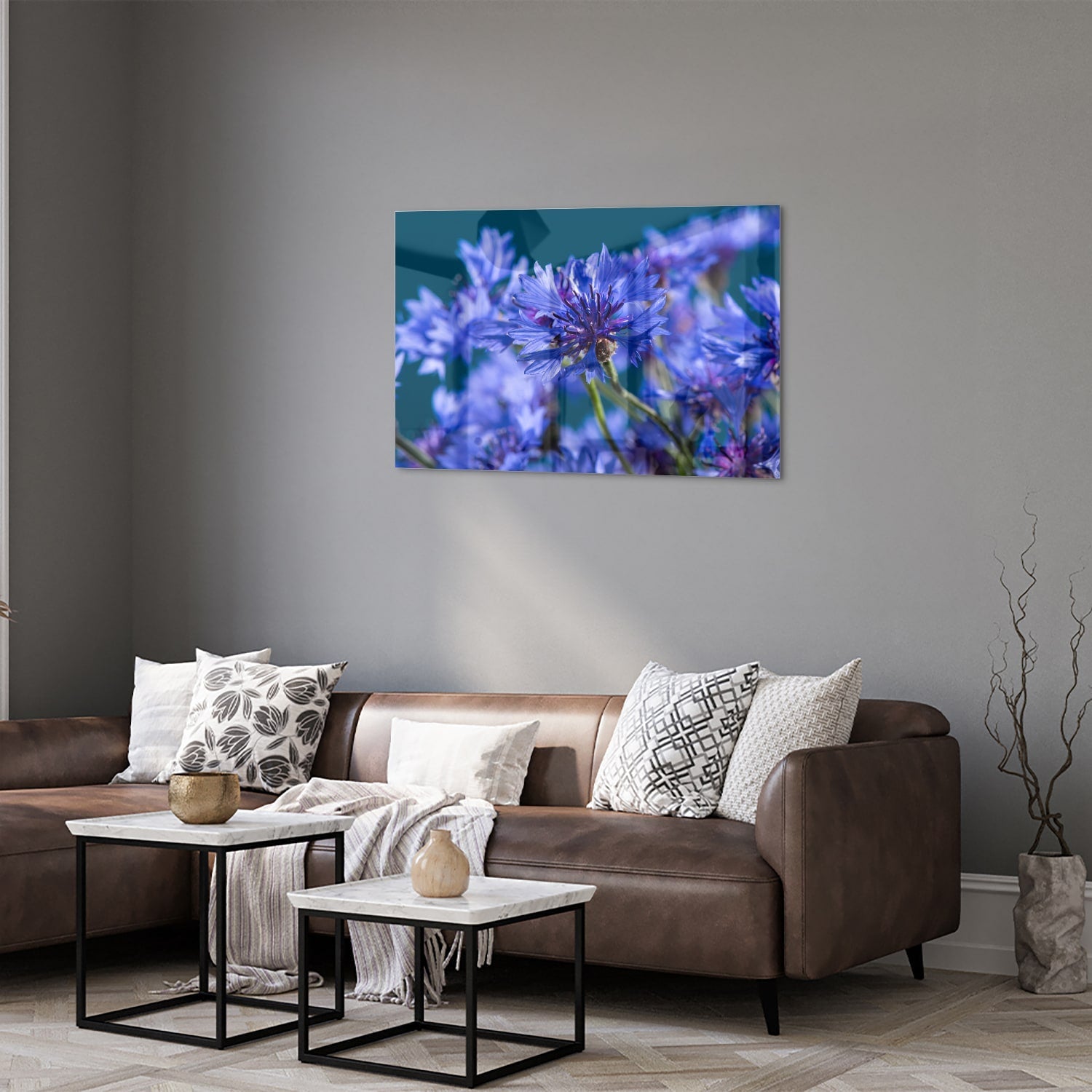 Wunderschönes violettes Glasbild mit Blumenmotiv – Glasbild aus Sicherheitsglas, Größe 50x50_rond