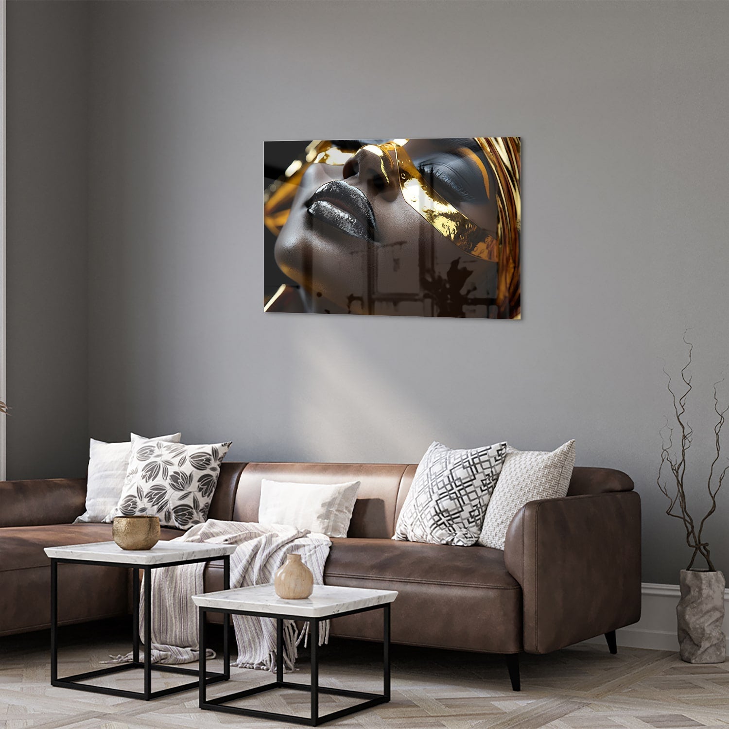 Goldenes und schwarzes Glasbild mit weiblichem Gesicht – Glasbild aus Sicherheitsglas, Größe 50x50_rond