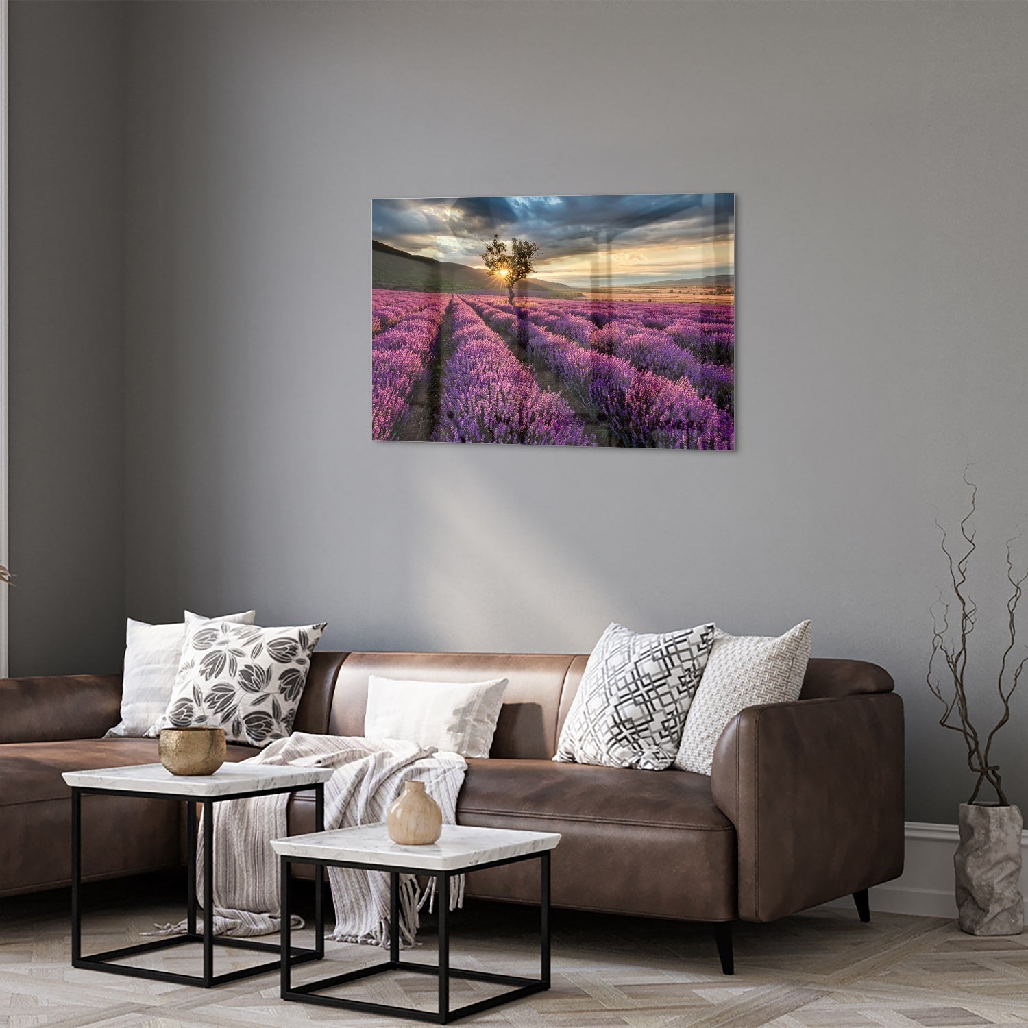 Glasbild mit violetten Lavendelfeldern bei Sonnenuntergang – Glasbild aus Sicherheitsglas, Größe 50x50_rond