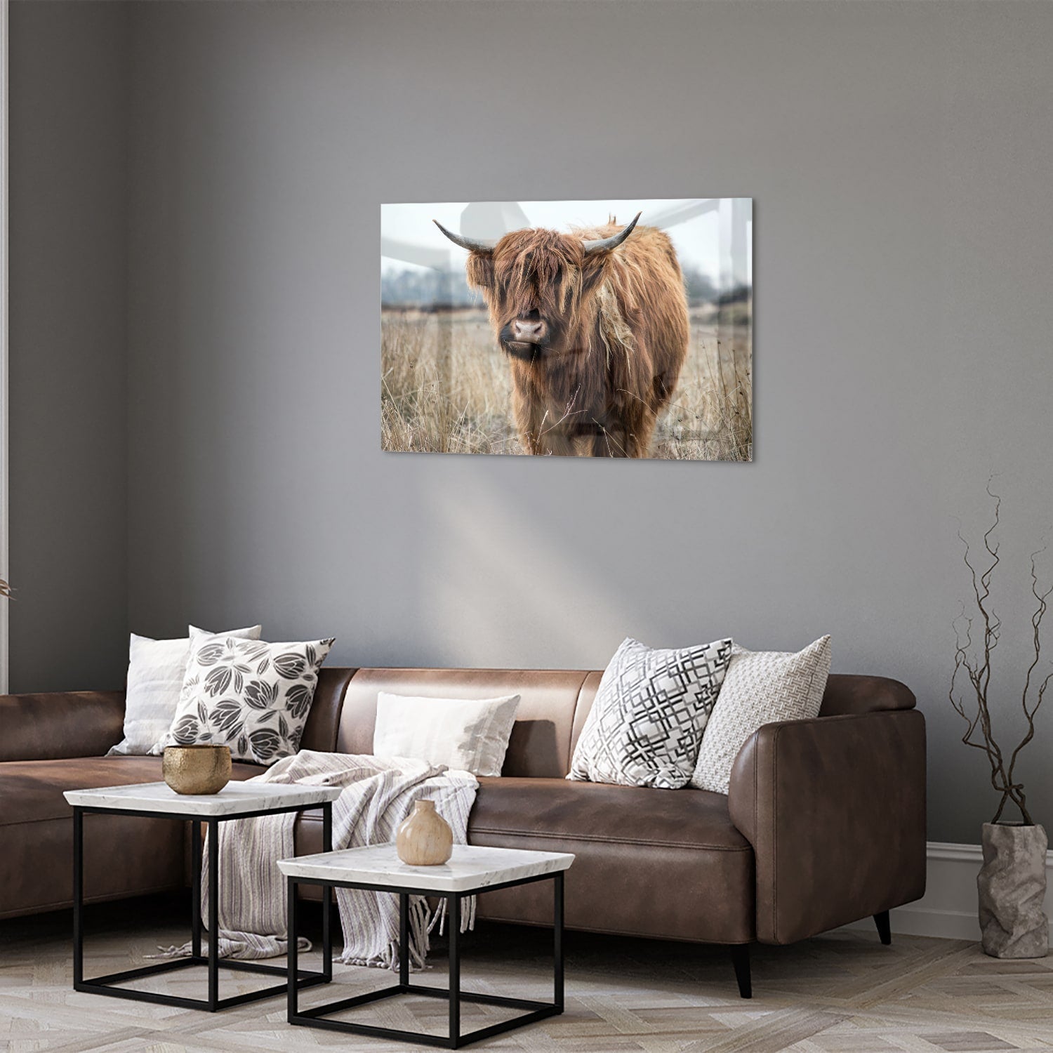 Glasbild mit Hochlandrind in Holzoptik – Glasbild aus Sicherheitsglas, Größe 50x50_rond