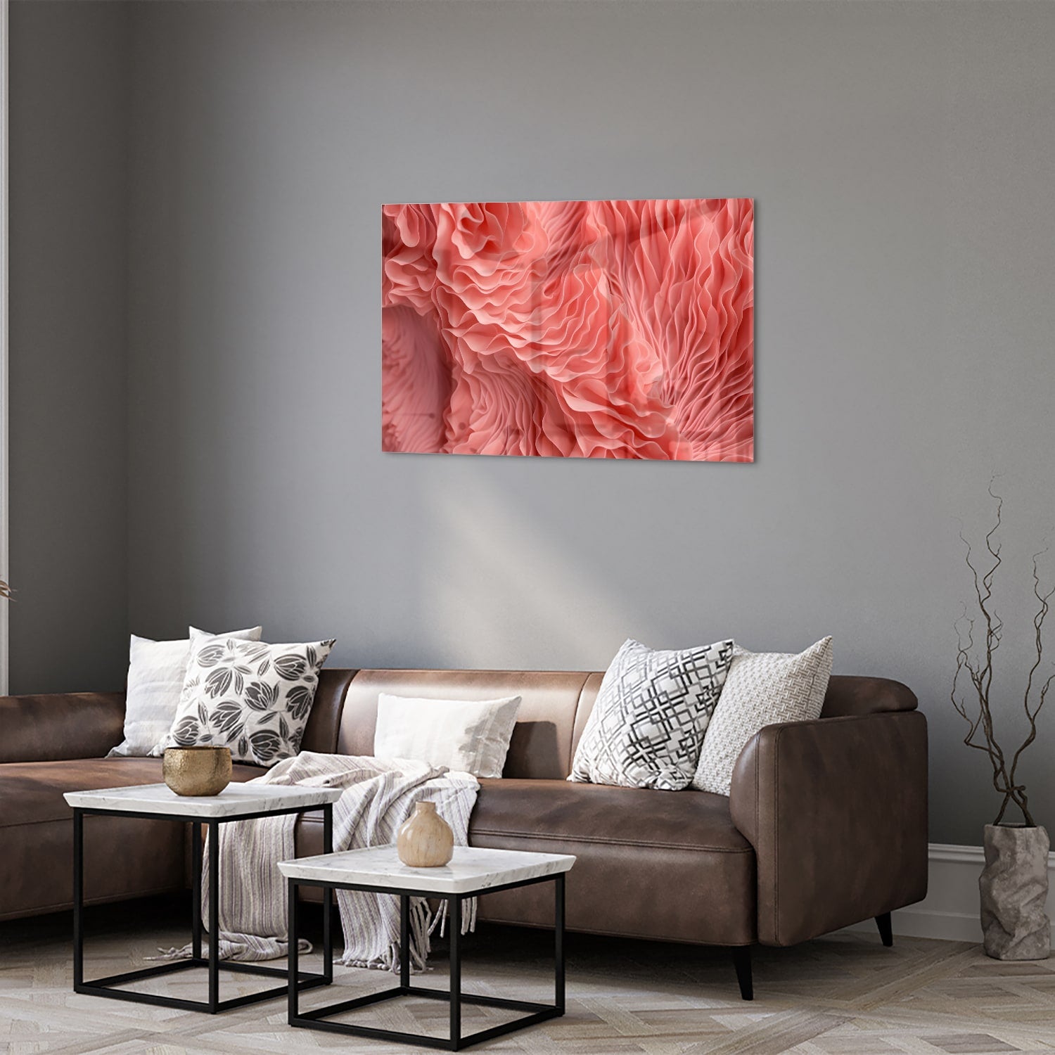 Abstraktes rosa Glasbild mit wellenförmigem Muster – Glasbild aus Sicherheitsglas, Größe 50x50_rond