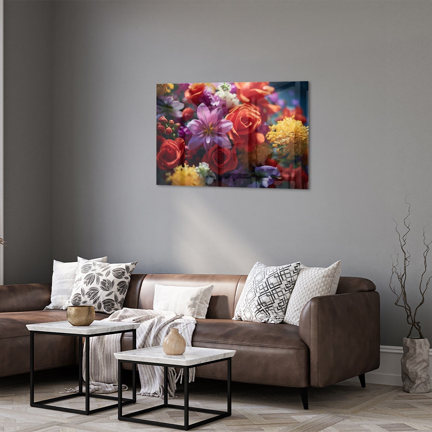 Farbenfrohes Glasbild mit Blütenpracht – Glasbild aus Sicherheitsglas, Größe 50x50_rond