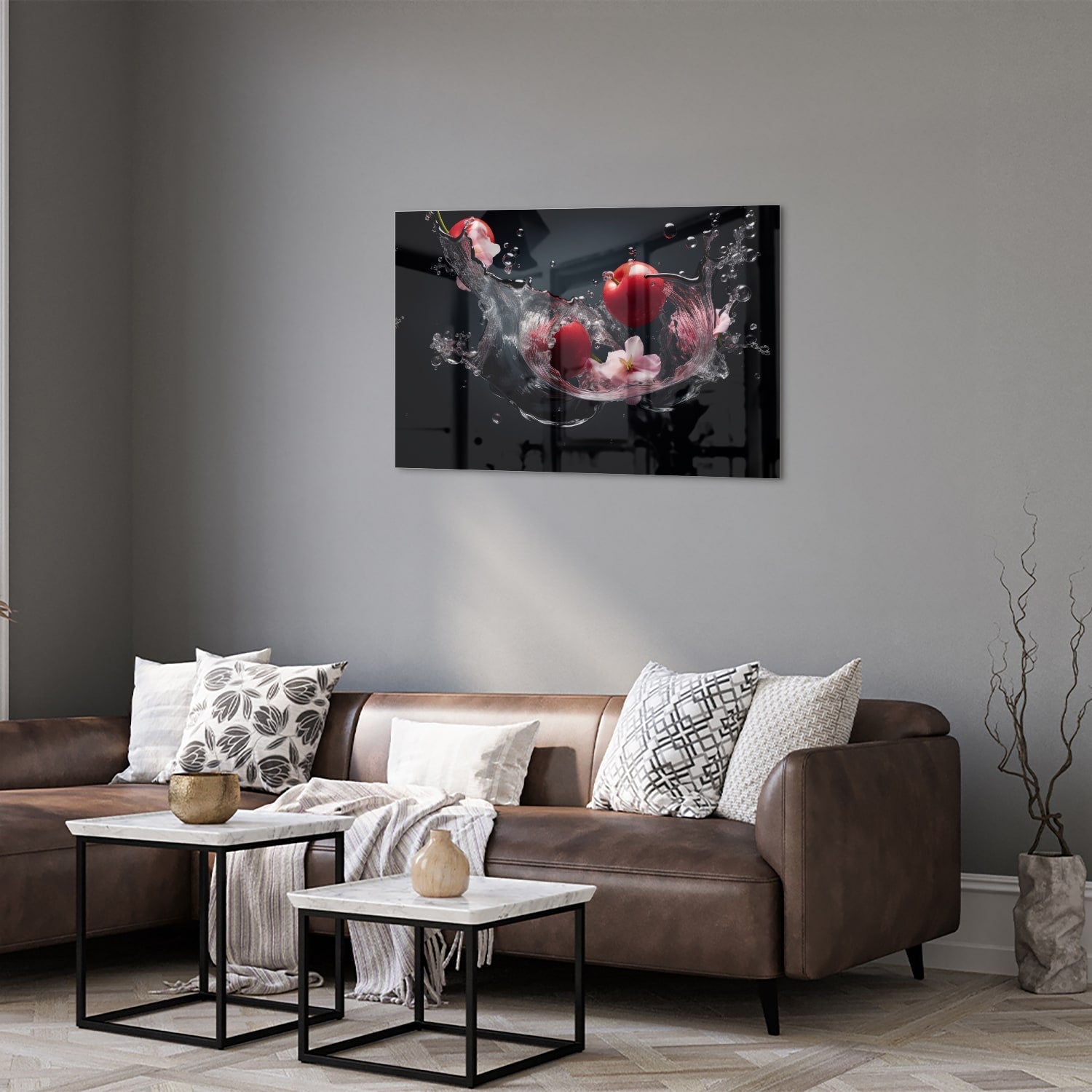Glasbild mit rosa Blumen und Wassertropfen – Glasbild aus Sicherheitsglas, Größe 50x50_rond