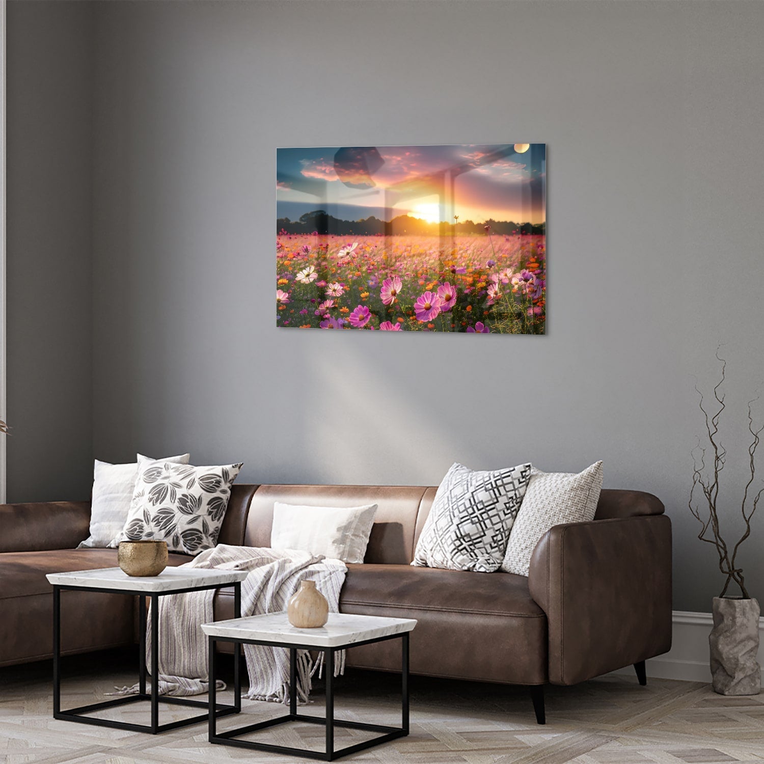 Glasbild – Sonnenuntergang über Blumenfeld – Glasbild aus Sicherheitsglas, Größe 50x50_rond