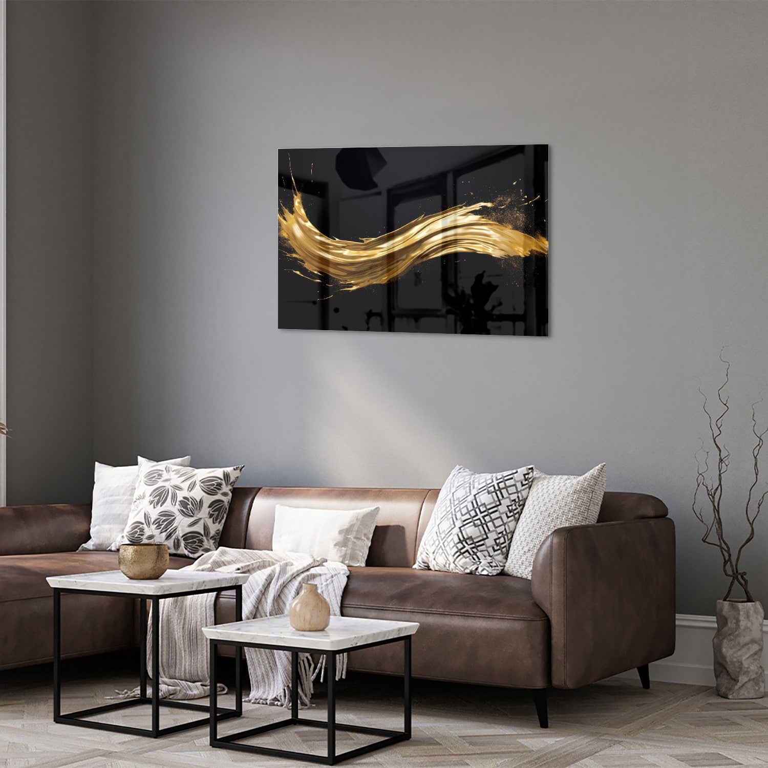 Glasbild mit goldenem Glanz auf schwarzem Hintergrund – Glasbild aus Sicherheitsglas, Größe 50x50_rond