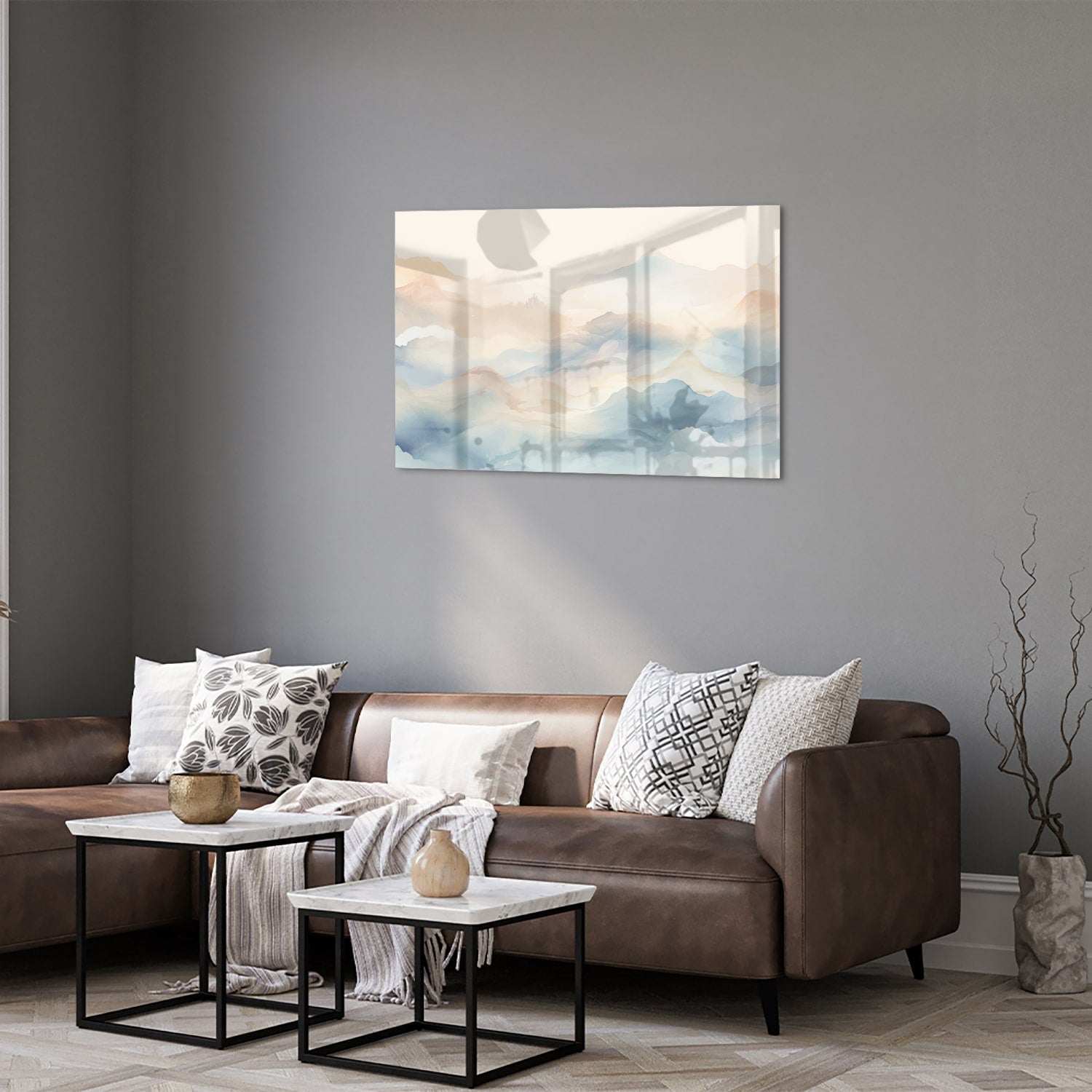 Glasbild mit träumerischer Berglandschaft – Glasbild aus Sicherheitsglas, Größe 50x50_rond