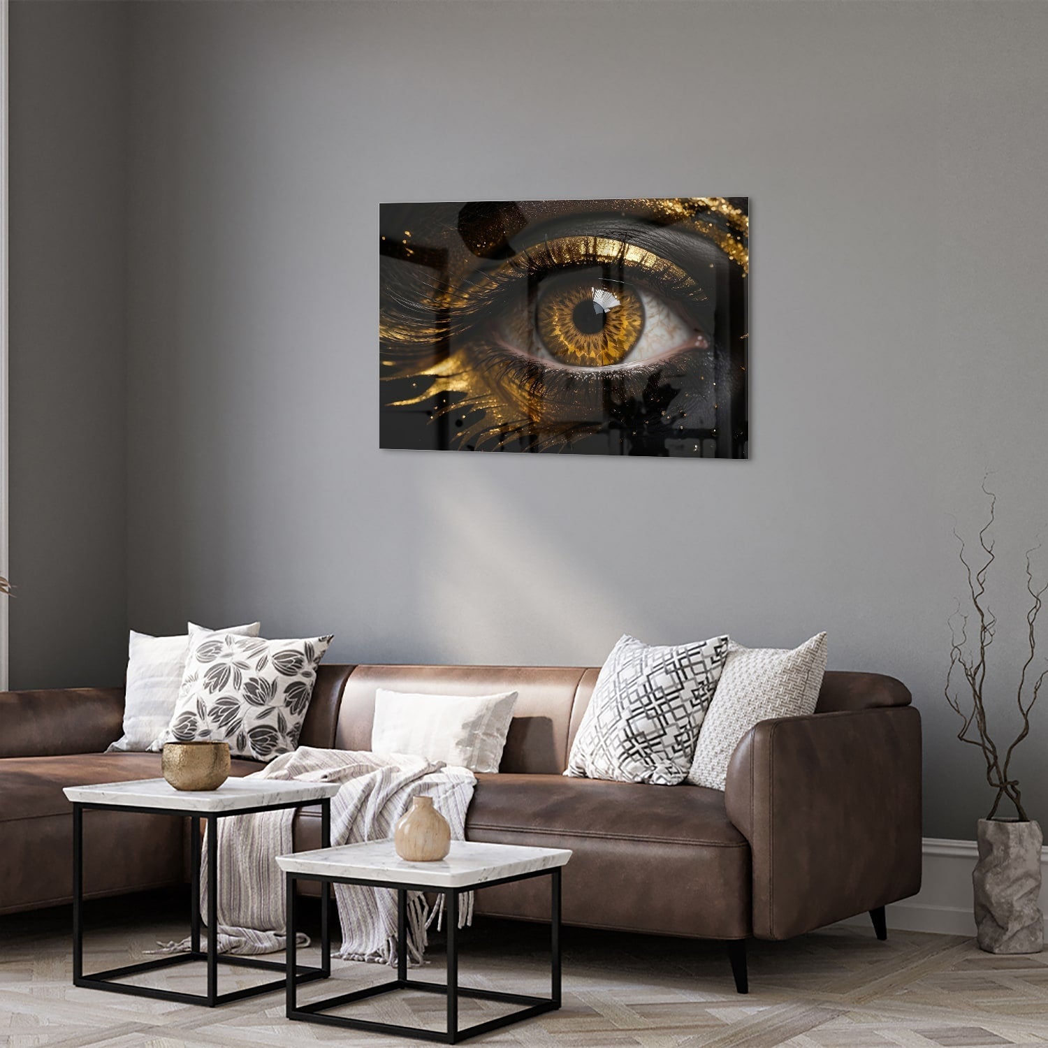 Glasbild Augen-Kunstwerk in Gold und Schwarz – Glasbild aus Sicherheitsglas, Größe 50x50_rond