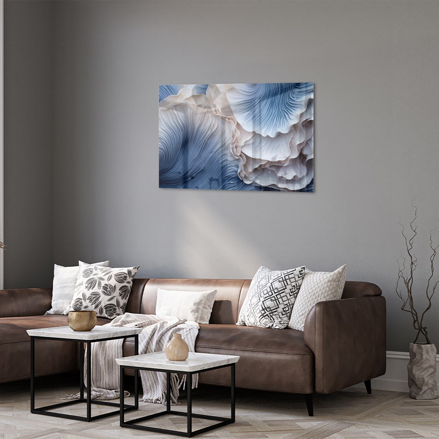 Elegantes Glasbild mit blauen und weißen Mustern – Glasbild aus Sicherheitsglas, Größe 50x50_rond