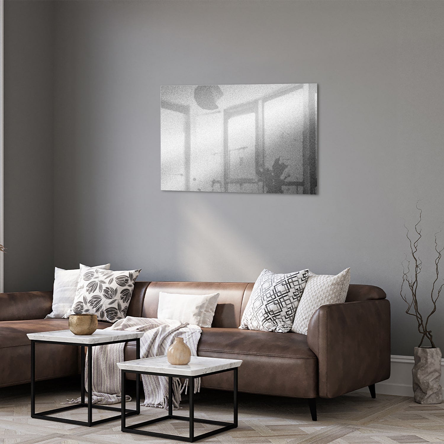 Minimalistisches Glasbild mit Reflexionen – Glasbild aus Sicherheitsglas, Größe 50x50_rond