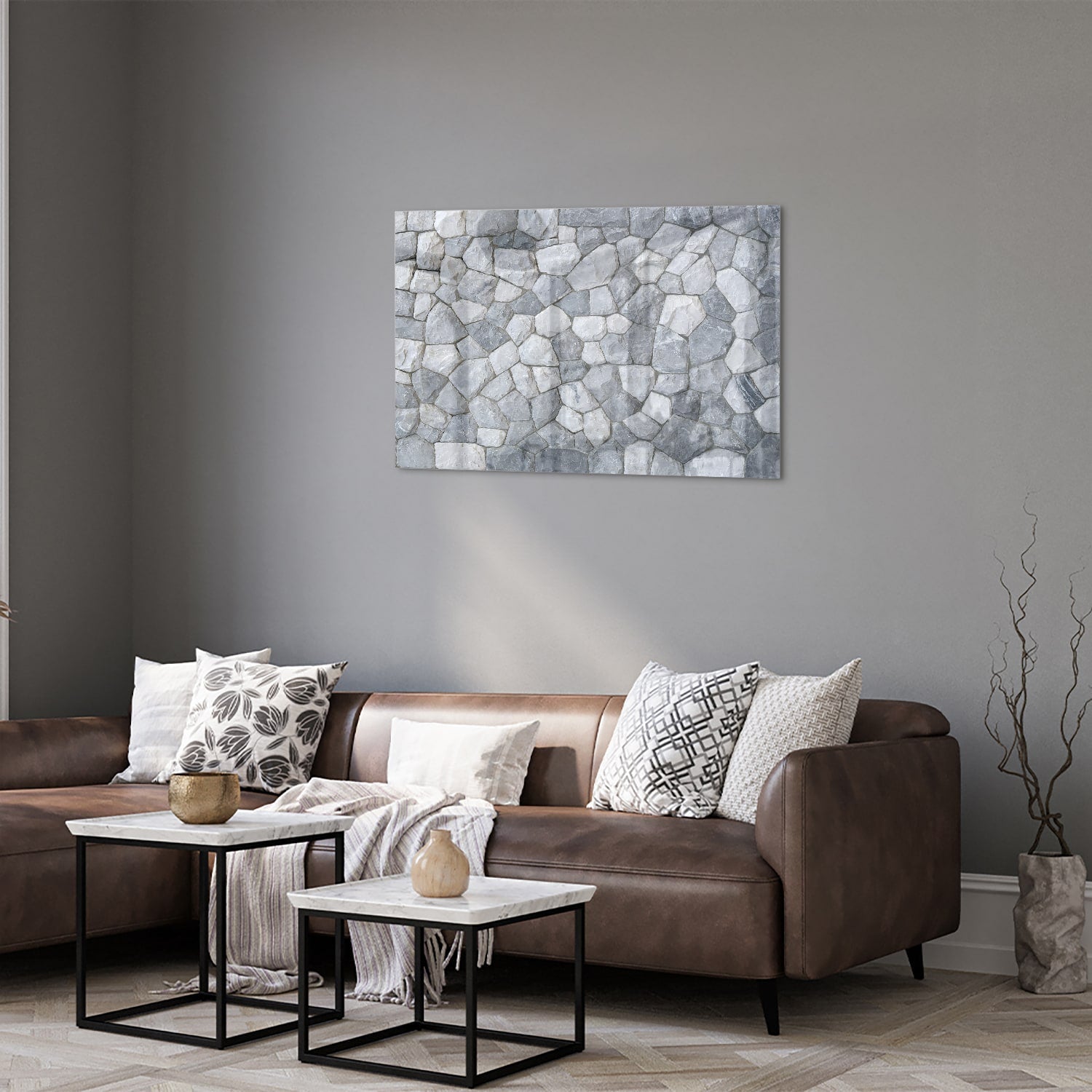 Elegantes Glasbild mit grauen Steinen – Glasbild aus Sicherheitsglas, Größe 50x50_rond