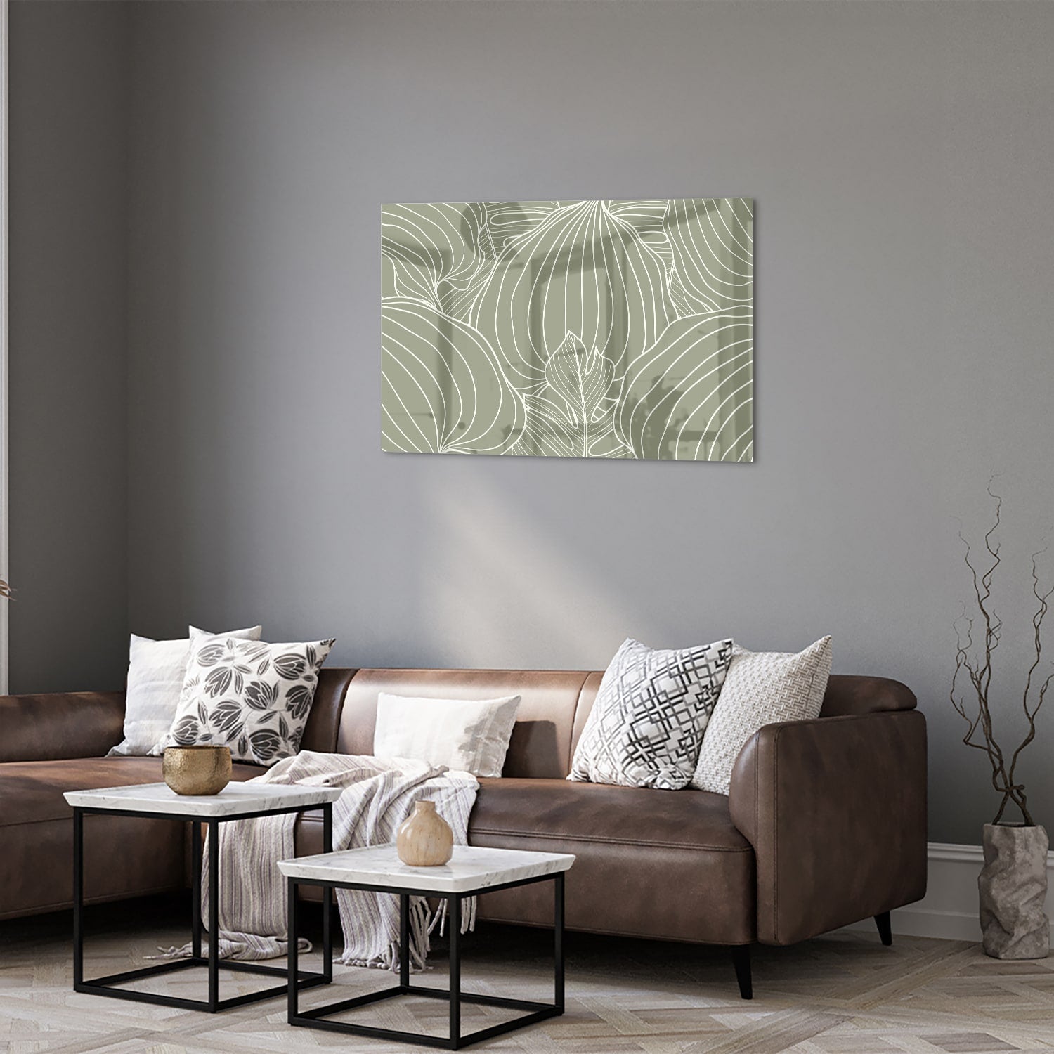 Glasbild mit sanften Linien und Erdtönen – Glasbild aus Sicherheitsglas, Größe 50x50_rond