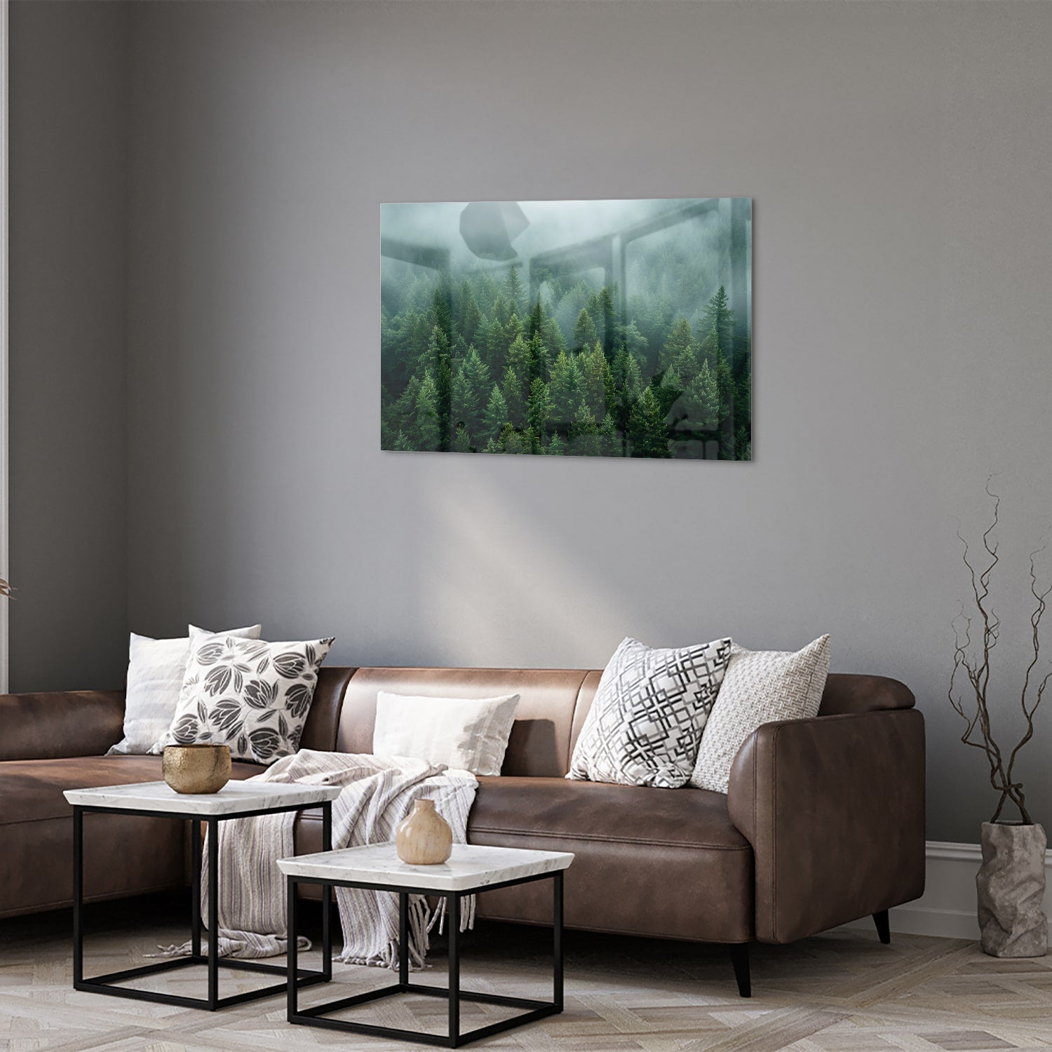 Glasbild mit nebligen Tannenwäldern – Glasbild aus Sicherheitsglas, Größe 50x50_rond
