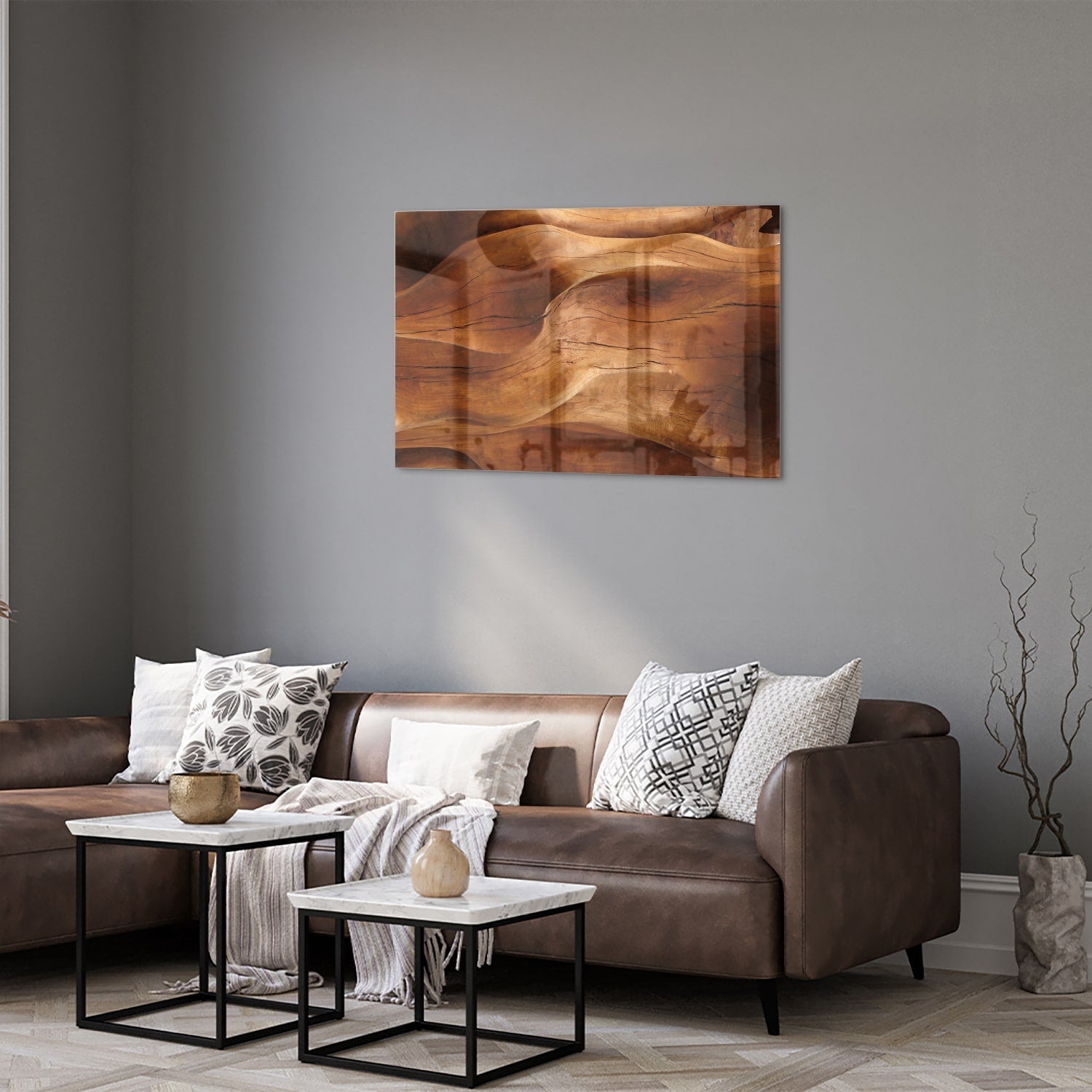 Abstraktes Glasbild mit warmen Holztönen – Glasbild aus Sicherheitsglas, Größe 50x50_rond