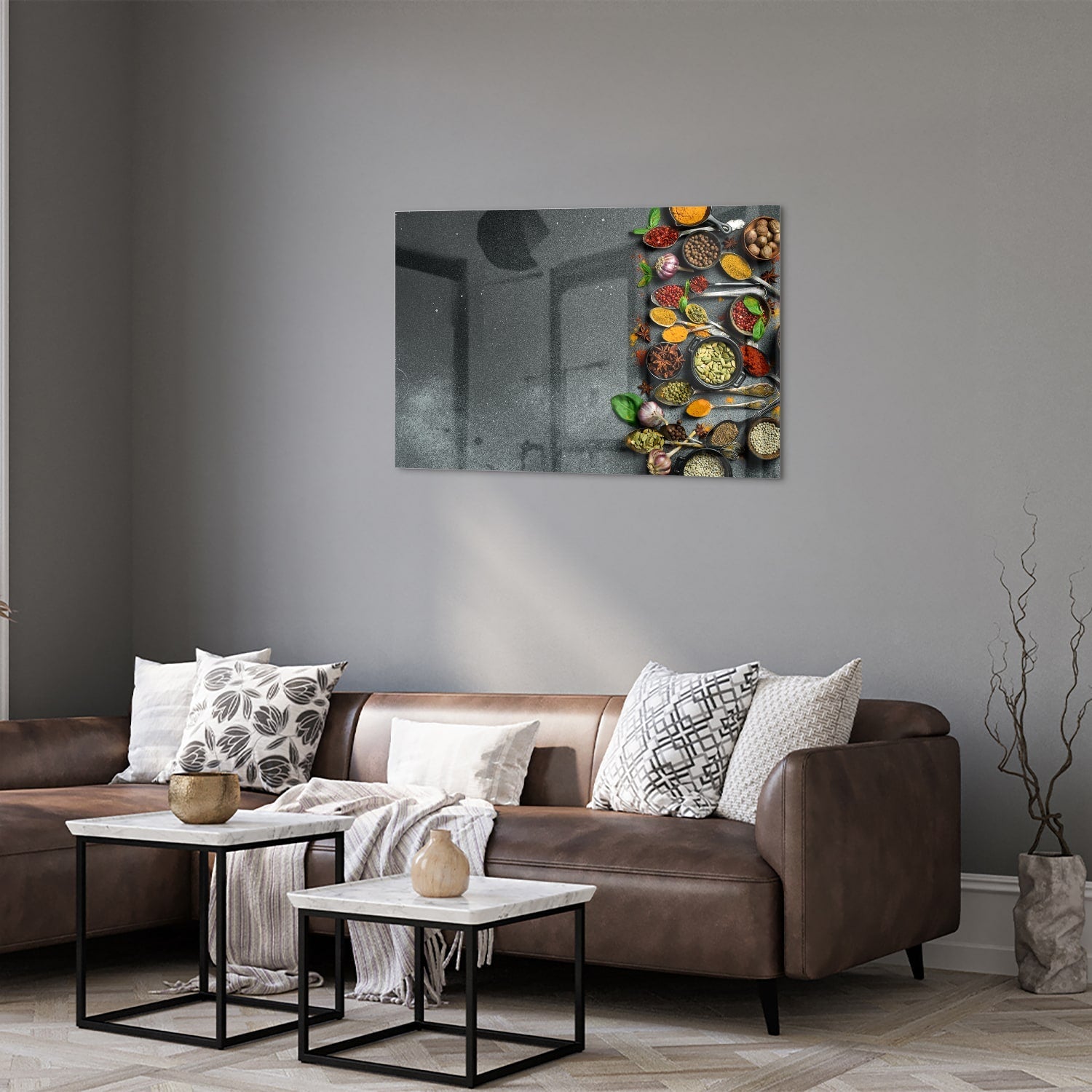 Farbenfrohes Glasbild mit Kräutern und Gewürzen – Glasbild aus Sicherheitsglas, Größe 50x50_rond