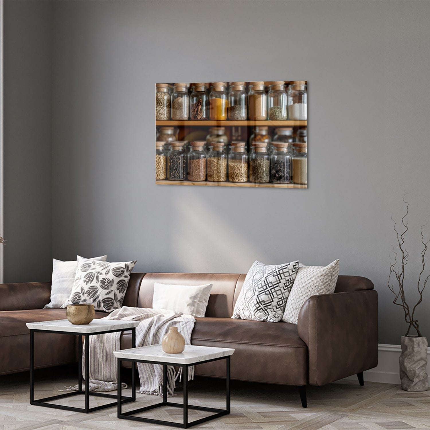 Glasbild mit Gewürzen in Einmachgläsern – Glasbild aus Sicherheitsglas, Größe 50x50_rond