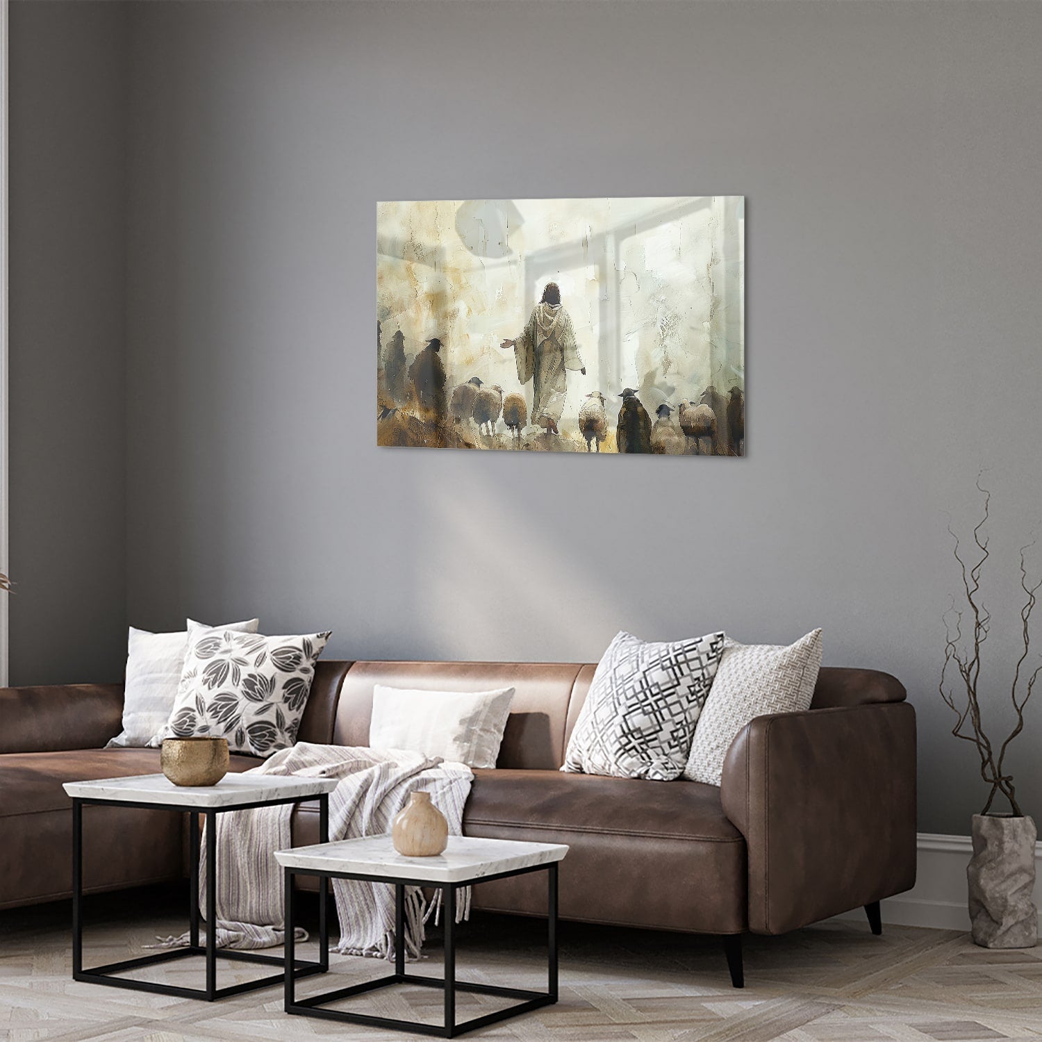 Glasbild mit spirituellem Wegweiser und Schafen – Glasbild aus Sicherheitsglas, Größe 50x50_rond