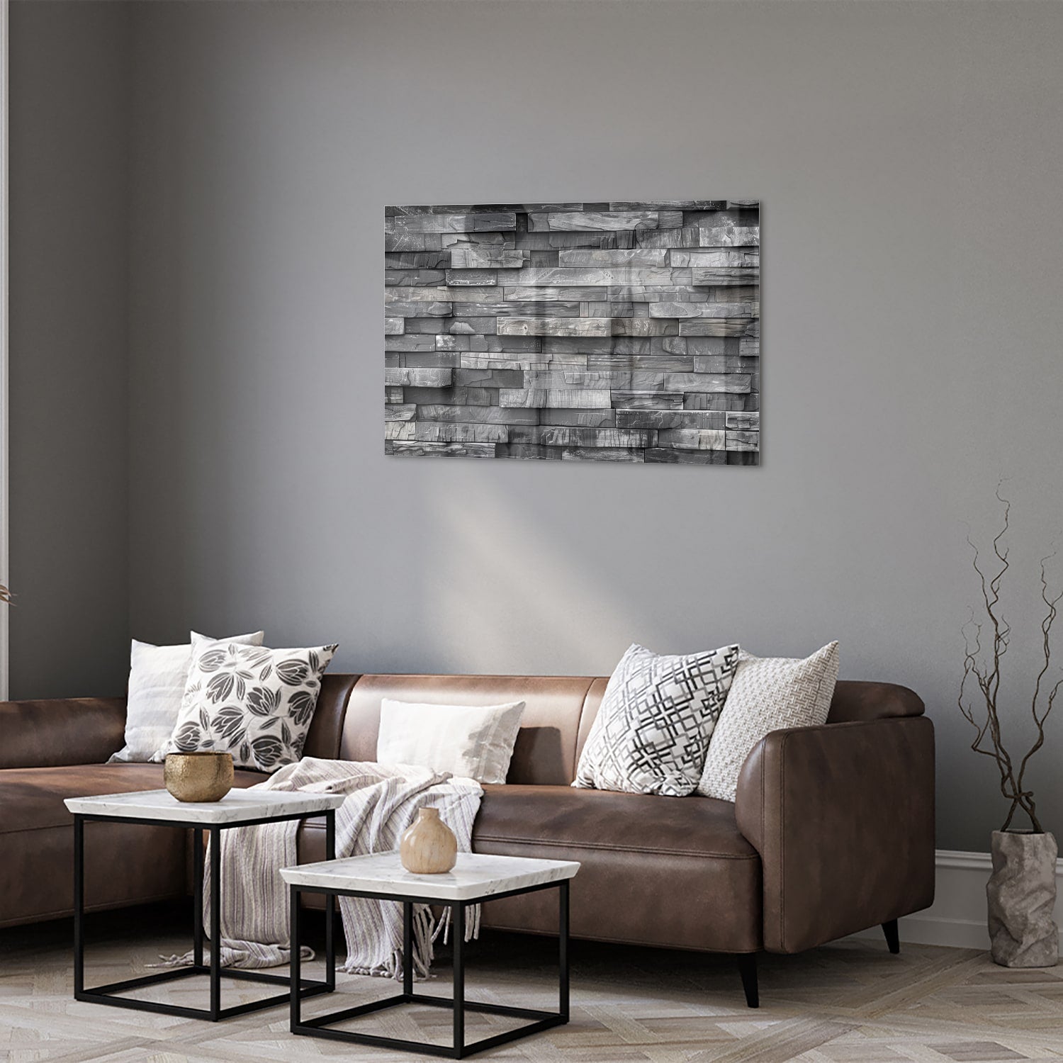 Modernes Glasbild mit grauer Textur – Glasbild aus Sicherheitsglas, Größe 50x50_rond