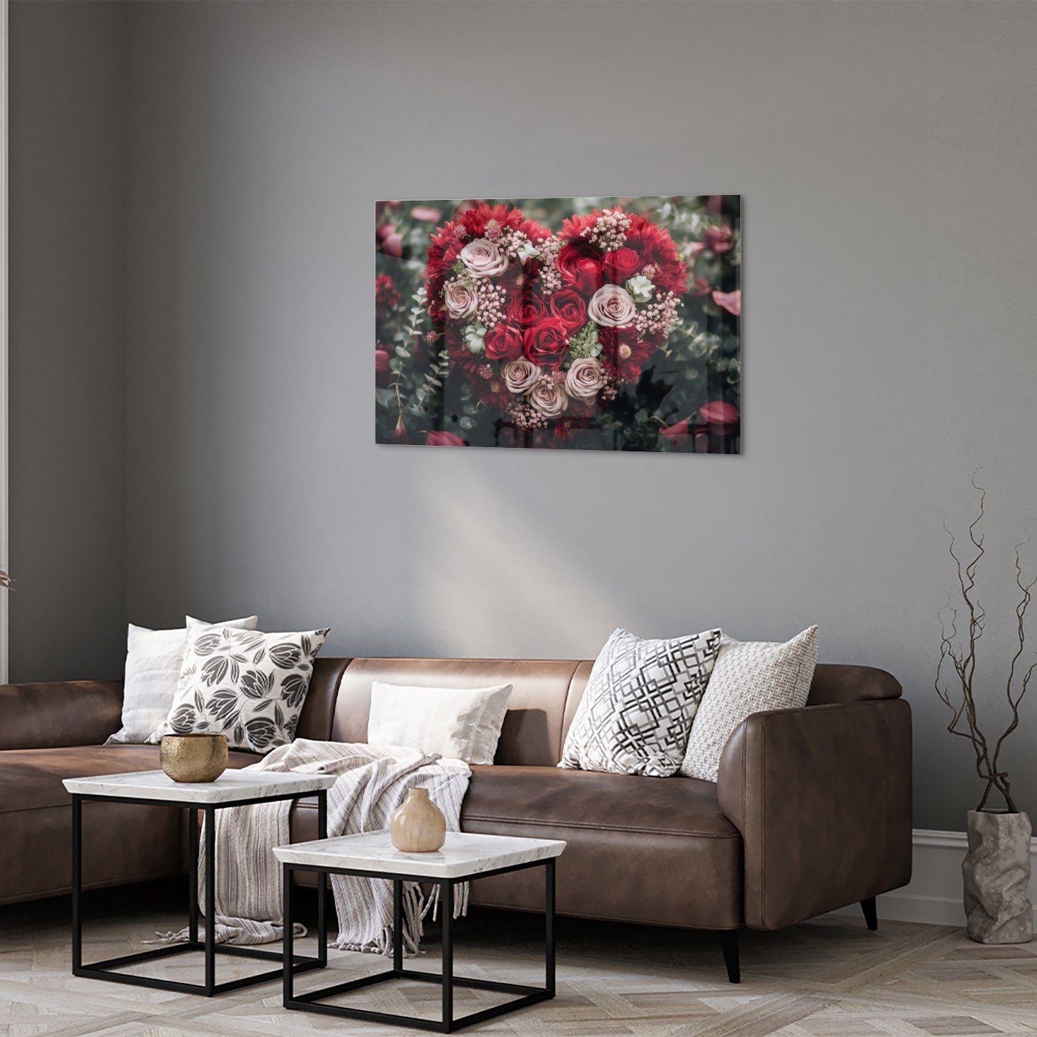 Glasbild mit herzförmigem Blumenmotiv in Rottönen – Glasbild aus Sicherheitsglas, Größe 50x50_rond