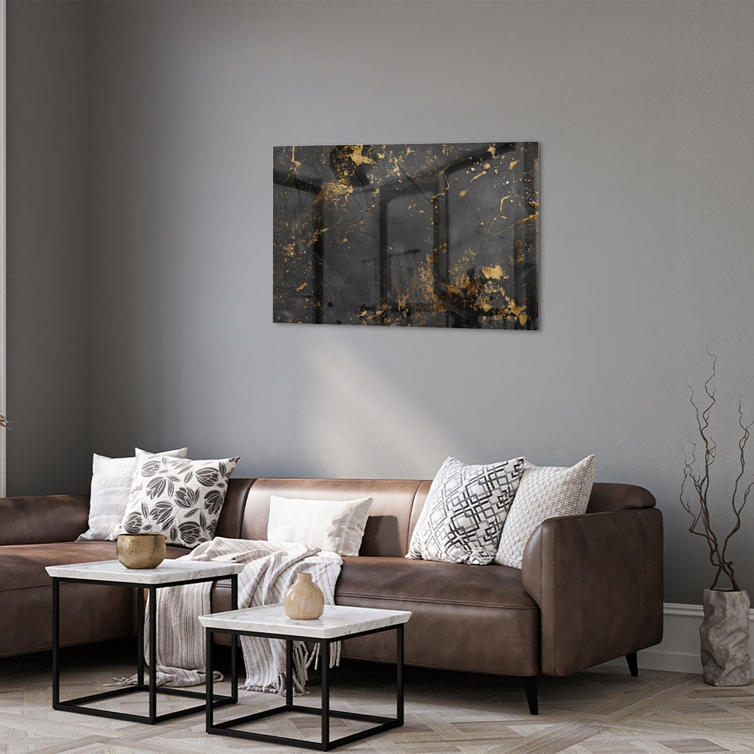 Gold-schwarzes Glasbild mit abstrakten Spritzern – Glasbild aus Sicherheitsglas, Größe 50x50_rond