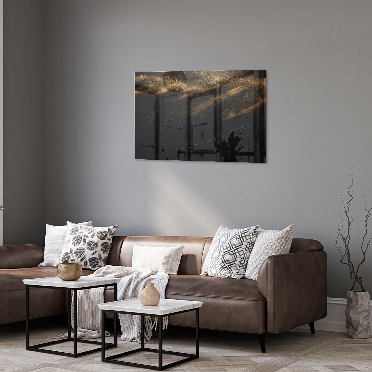 Modernes Glasbild mit goldenen Akzenten – Glasbild aus Sicherheitsglas, Größe 50x50_rond