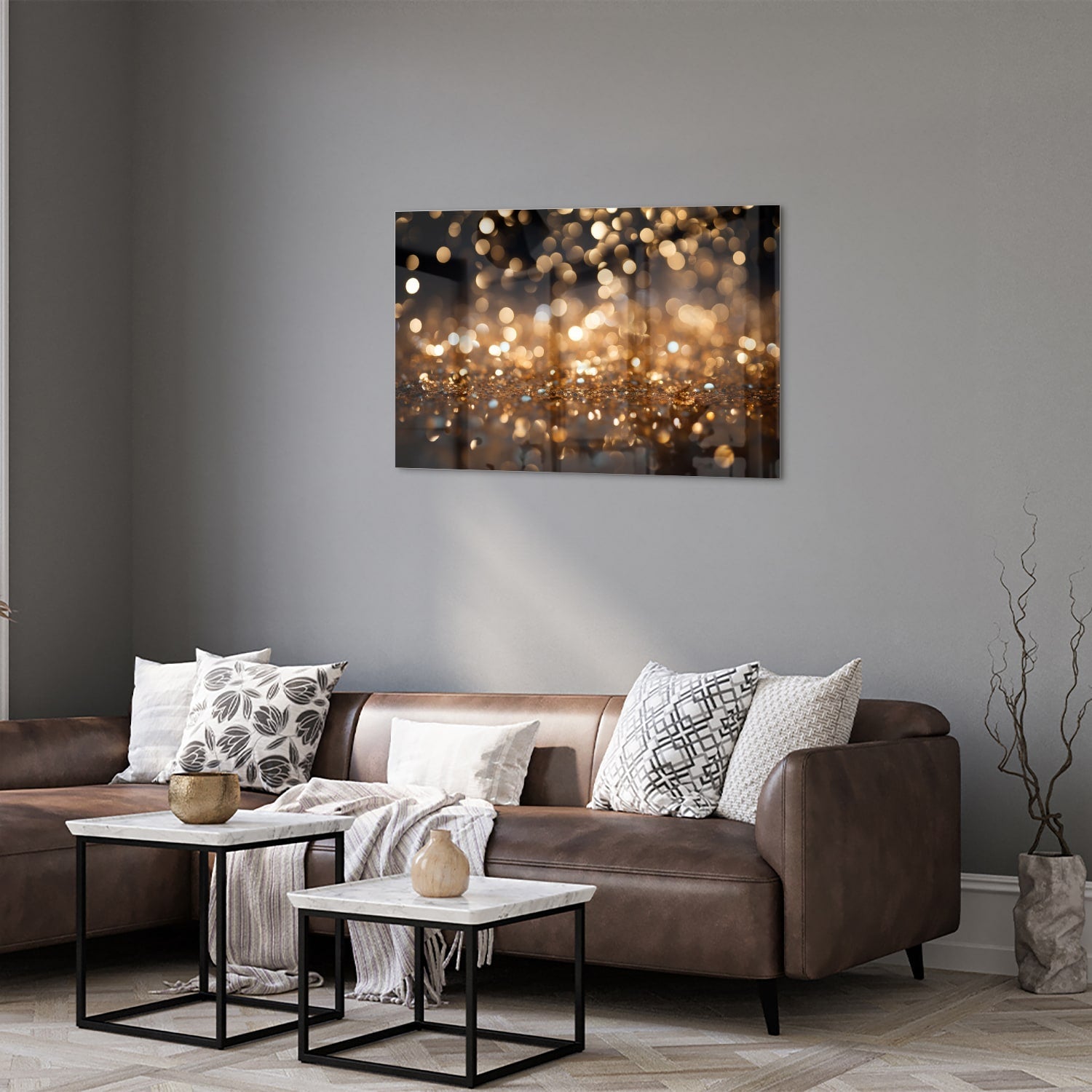 Glasbild mit goldenem Bokeh in moderner Szenerie – Glasbild aus Sicherheitsglas, Größe 50x50_rond