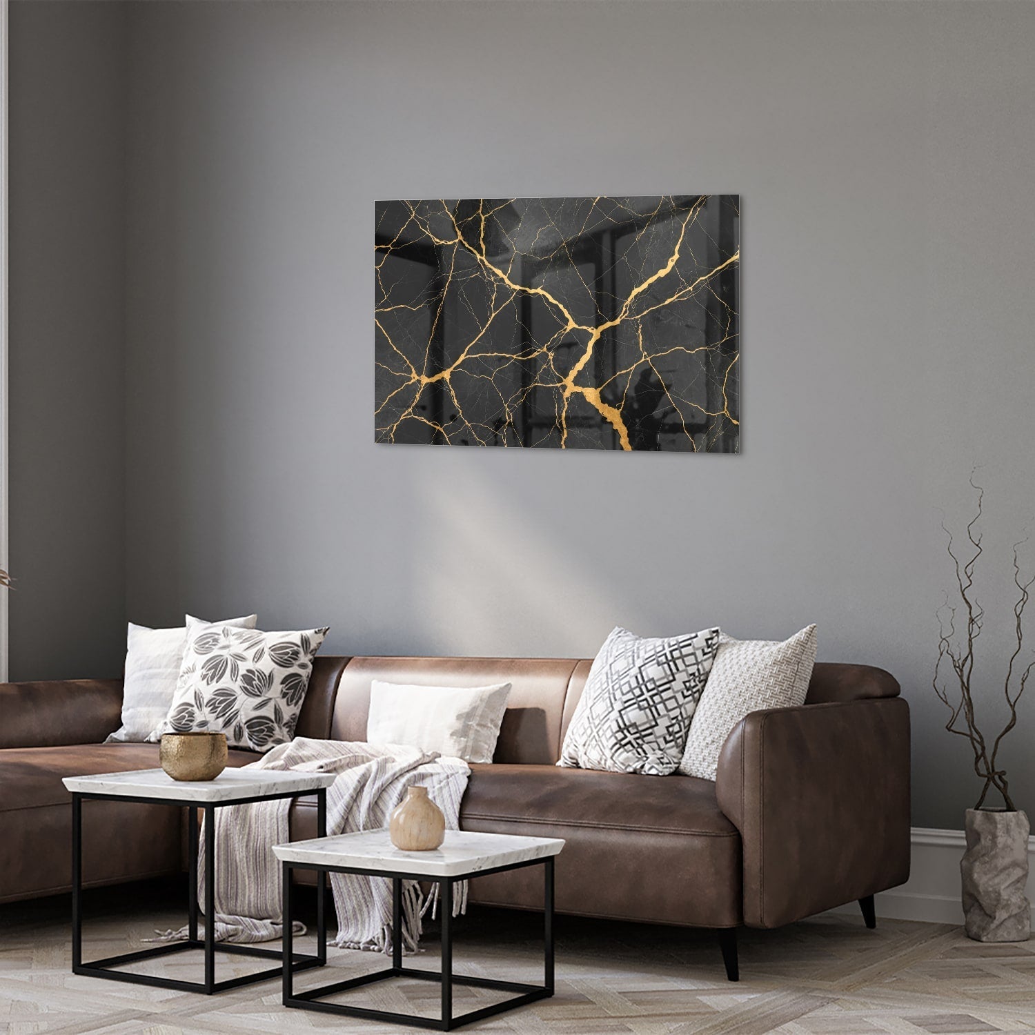 Elegantes Glasbild mit schwarz-goldenem Muster – Glasbild aus Sicherheitsglas, Größe 50x50_rond
