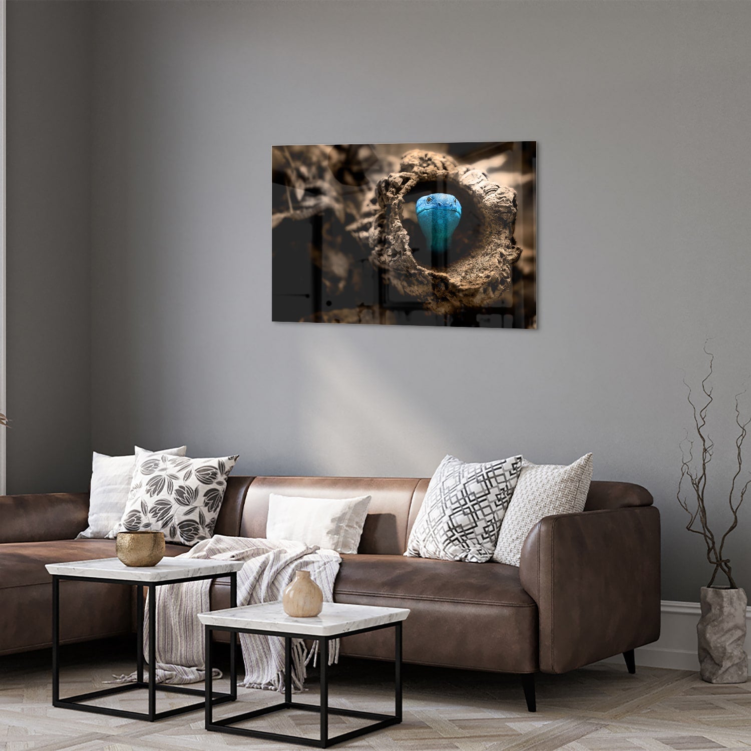 Glasbild mit einer blauen Perle in einem Nest – Glasbild aus Sicherheitsglas, Größe 50x50_rond