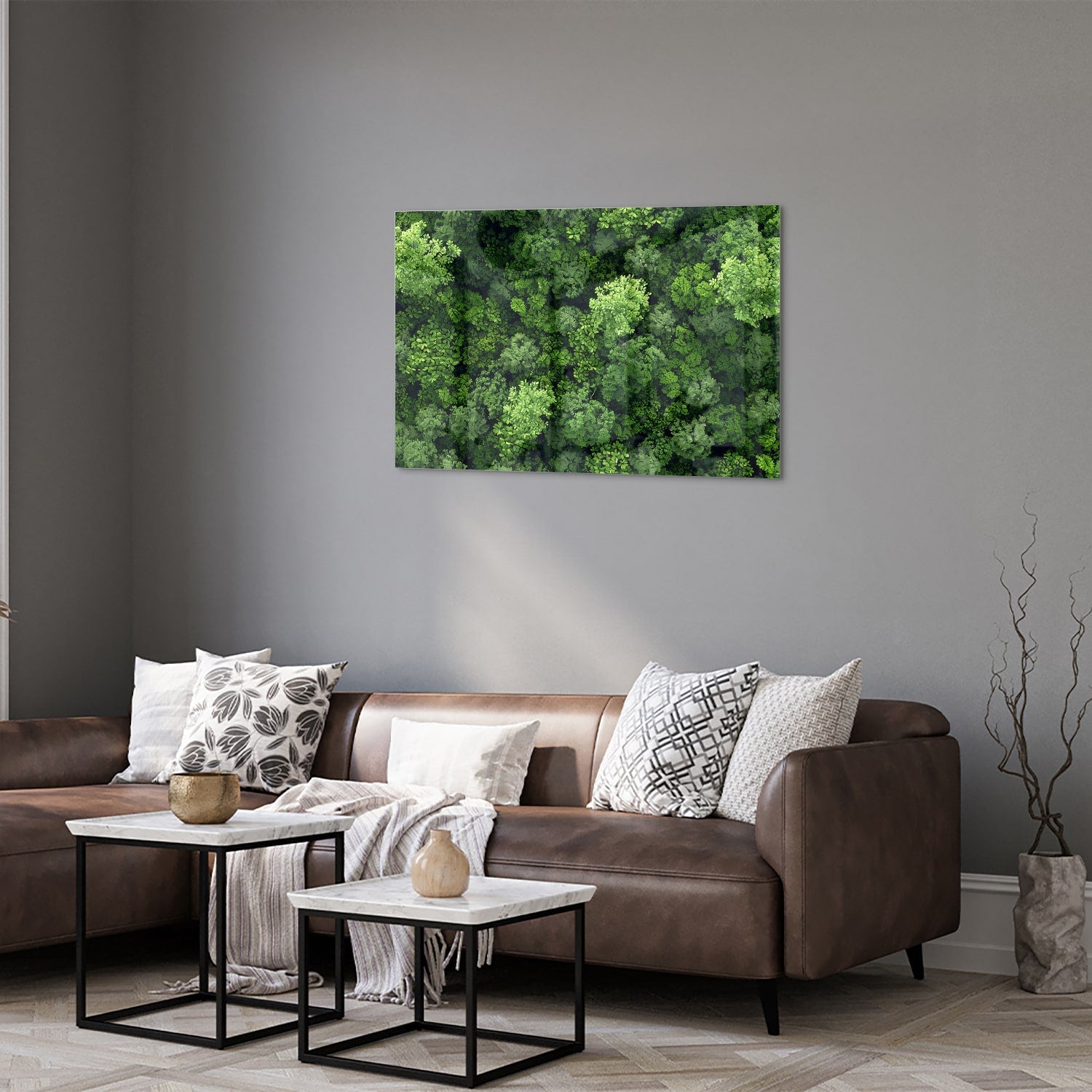 Glasbild mit Himmelsmotiv und üppigem grünen Wald – Glasbild aus Sicherheitsglas, Größe 50x50_rond