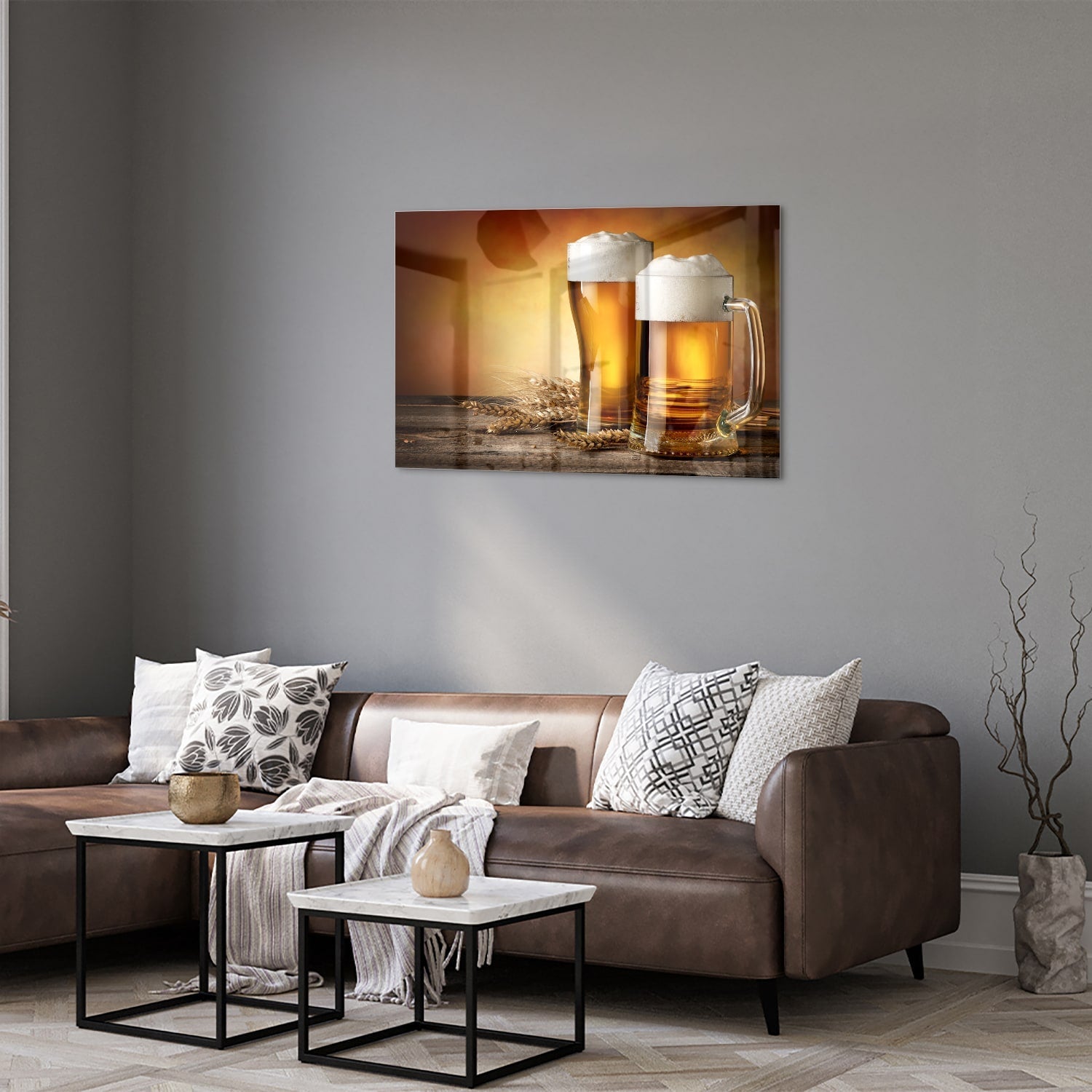 Stilvolles Glasbild mit Bier und Gerste – Glasbild aus Sicherheitsglas, Größe 50x50_rond