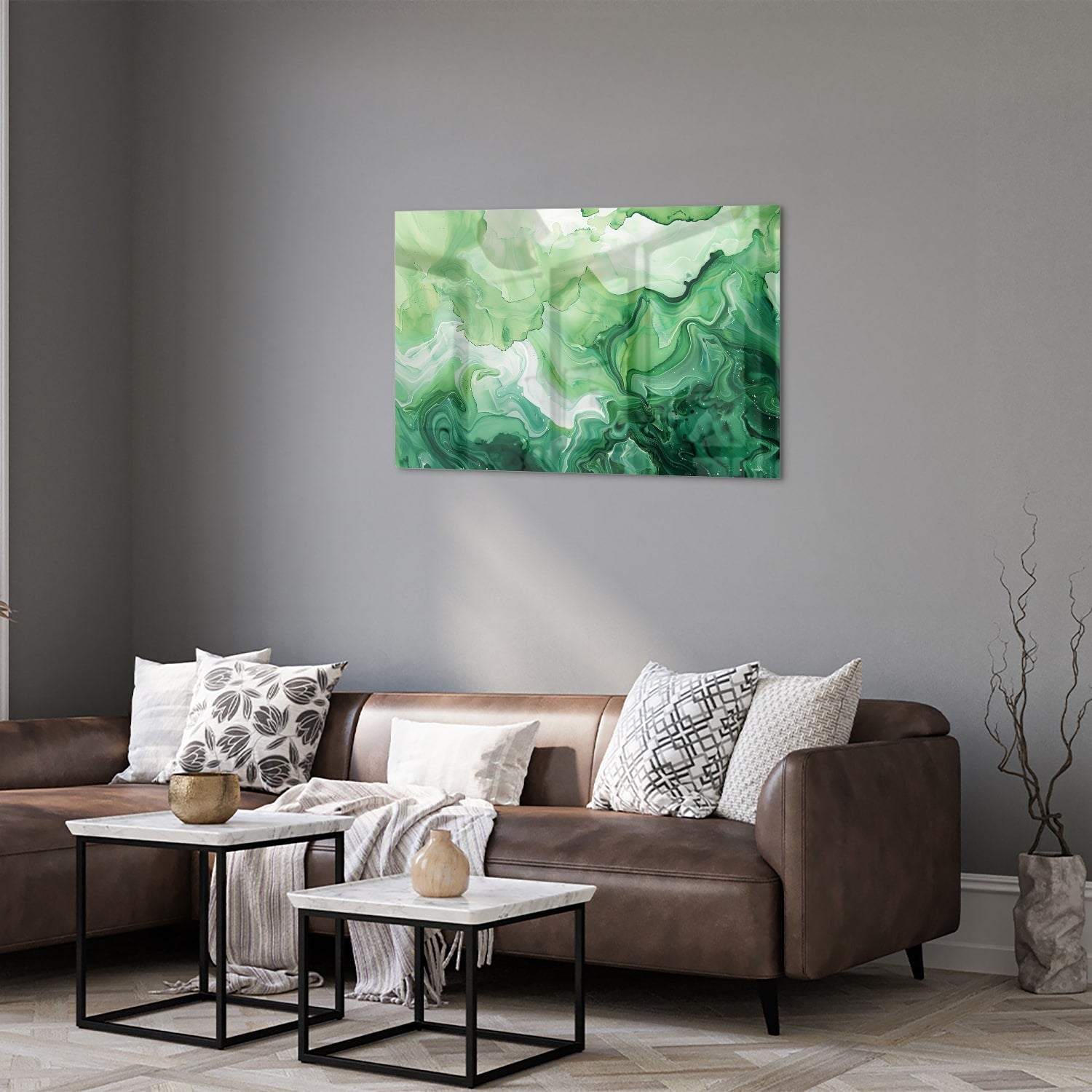 Grünes marmoriertes Glasbild für moderne Innenräume – Glasbild aus Sicherheitsglas, Größe 50x50_rond