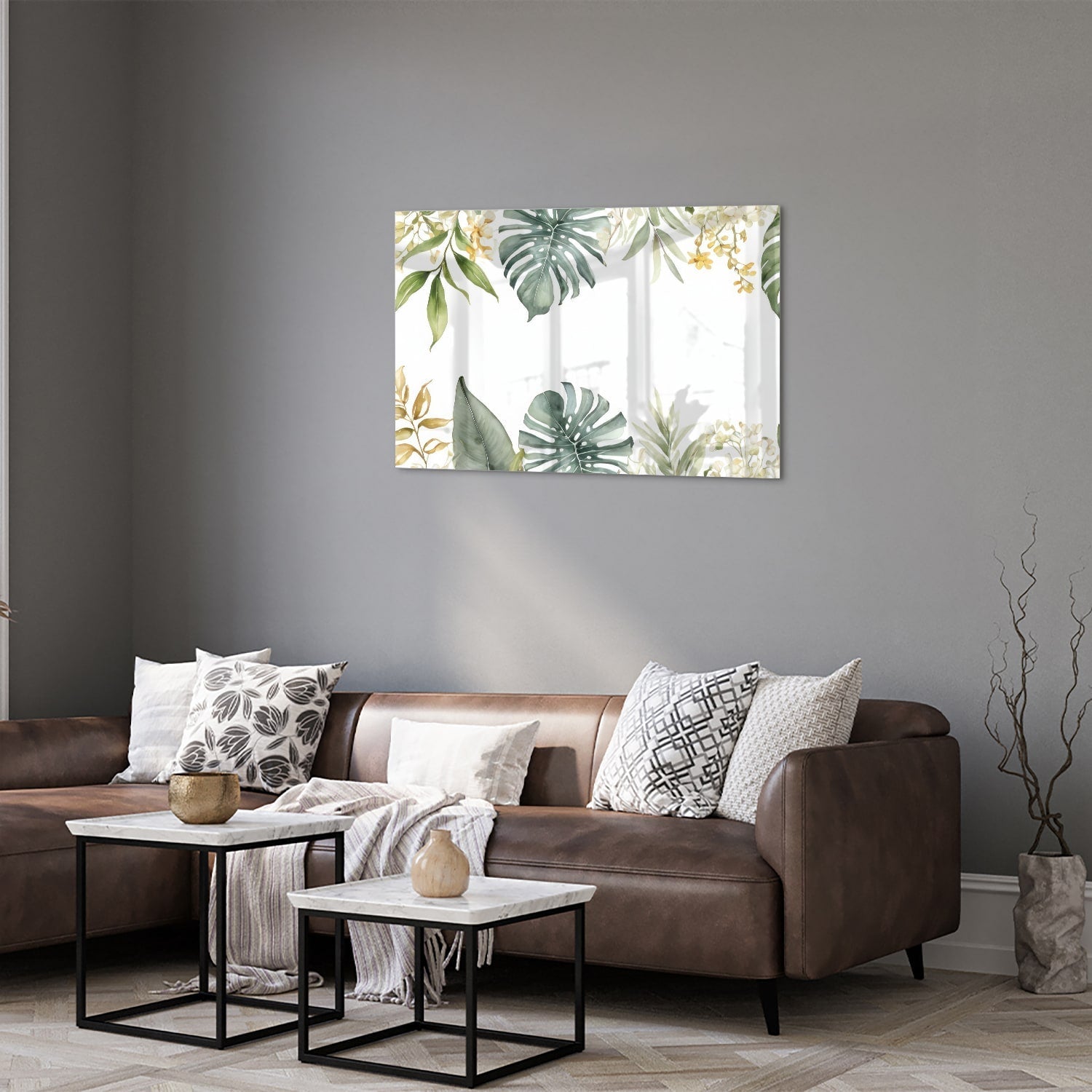 Glasbild mit tropischen Blättern und botanischer Flora – Glasbild aus Sicherheitsglas, Größe 50x50_rond