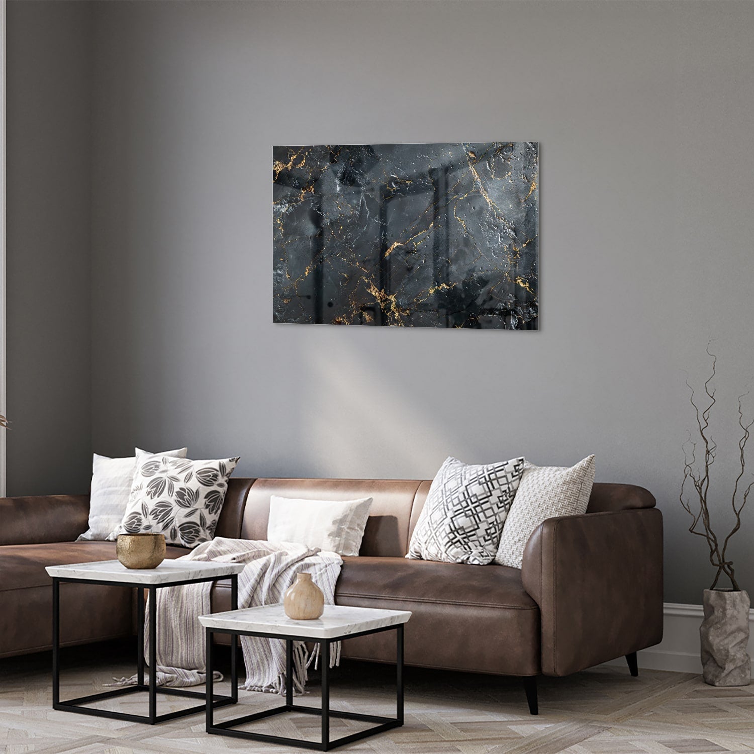 Elegantes Glasbild mit goldener Marmoroptik – Glasbild aus Sicherheitsglas, Größe 50x50_rond