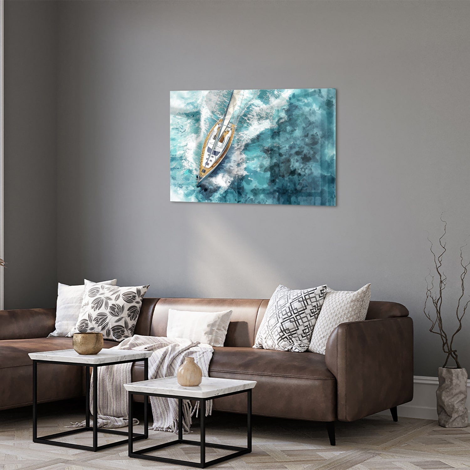 Wunderschönes Glasbild mit einer Yacht auf dem See – Glasbild aus Sicherheitsglas, Größe 50x50_rond