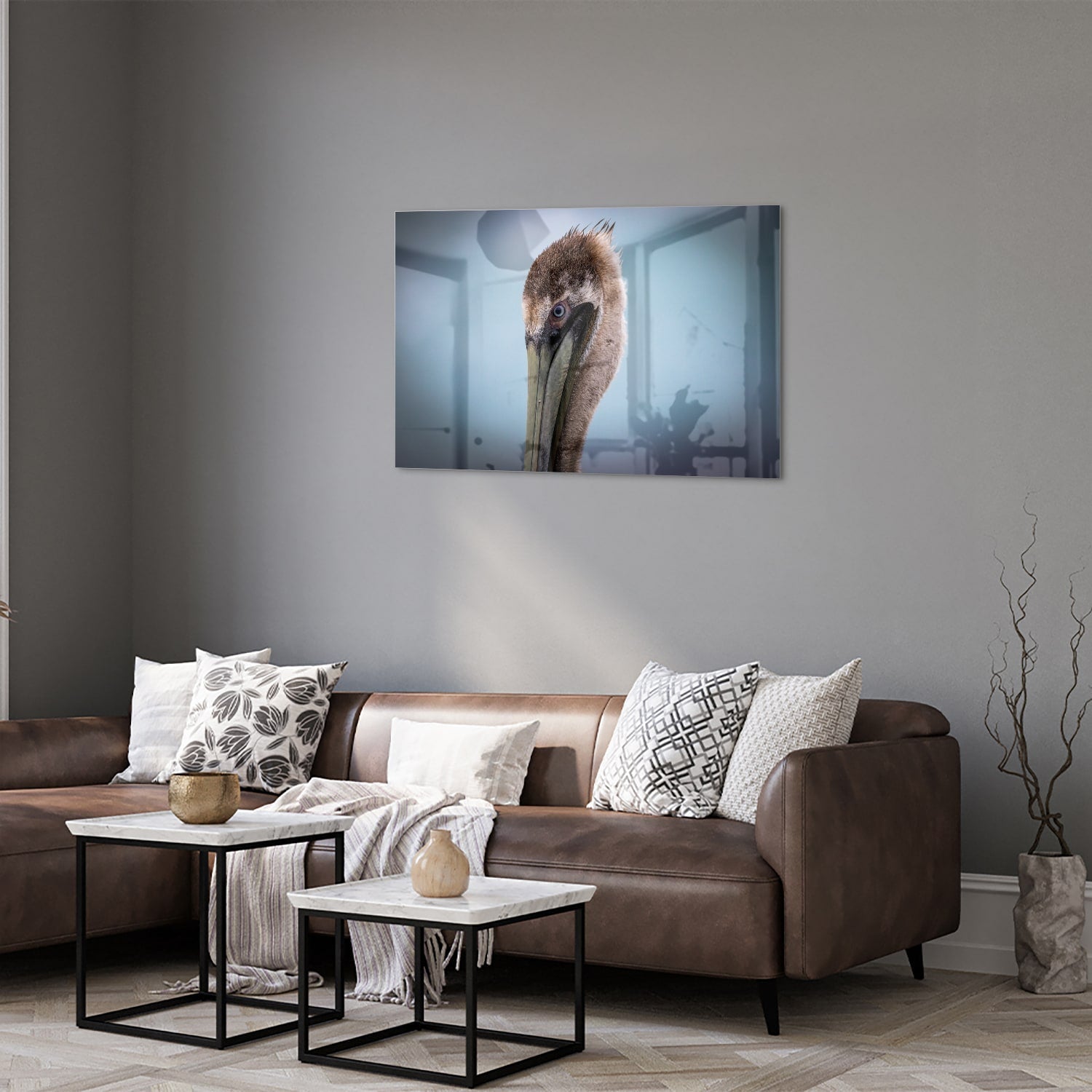 Stilvolles Glasbild mit Pelikan-Porträt – Glasbild aus Sicherheitsglas, Größe 50x50_rond