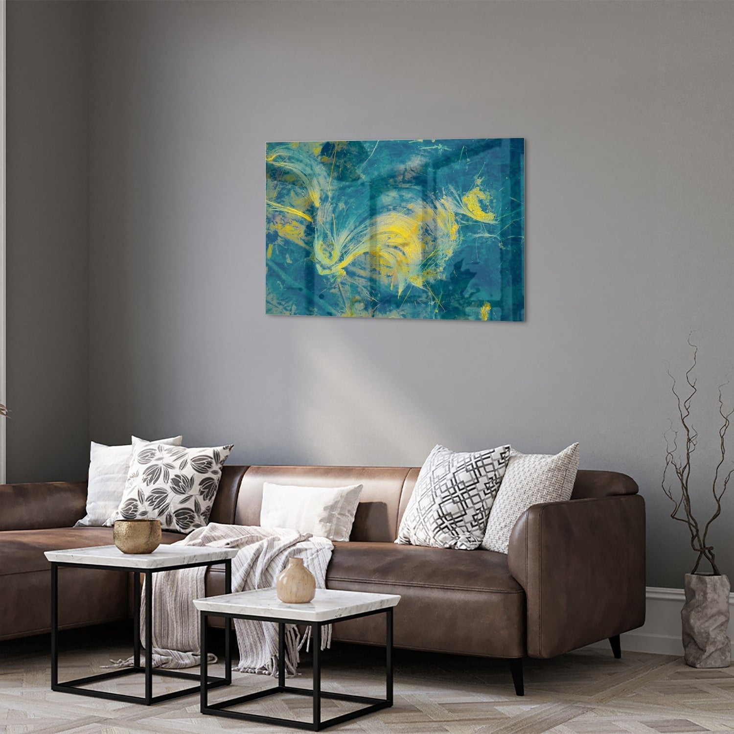 Farbenfrohes Glasbild mit abstraktem blau-gelbem Muster – Glasbild aus Sicherheitsglas, Größe 50x50_rond