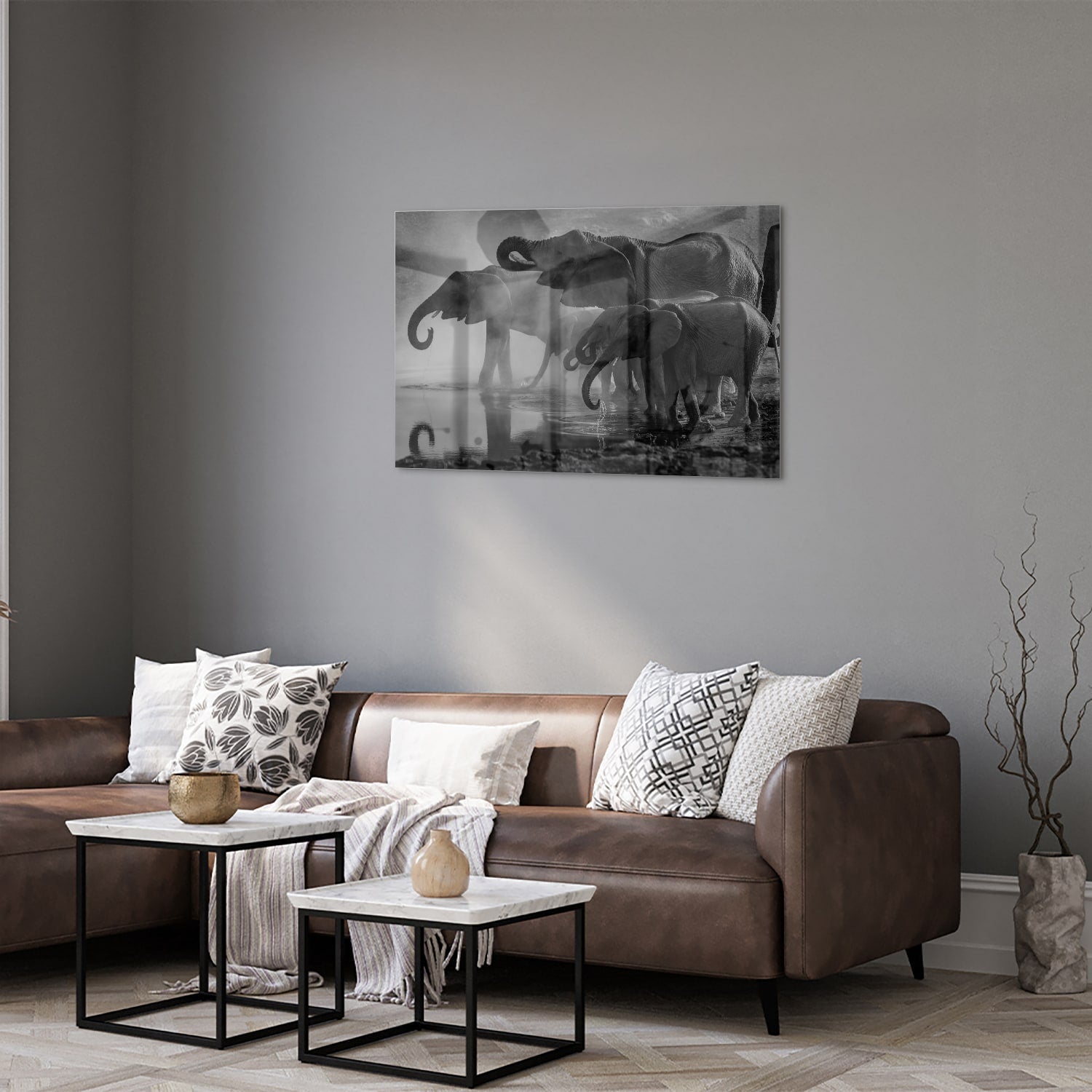 Glasbild mit majestätischen Elefanten – Glasbild aus Sicherheitsglas, Größe 50x50_rond