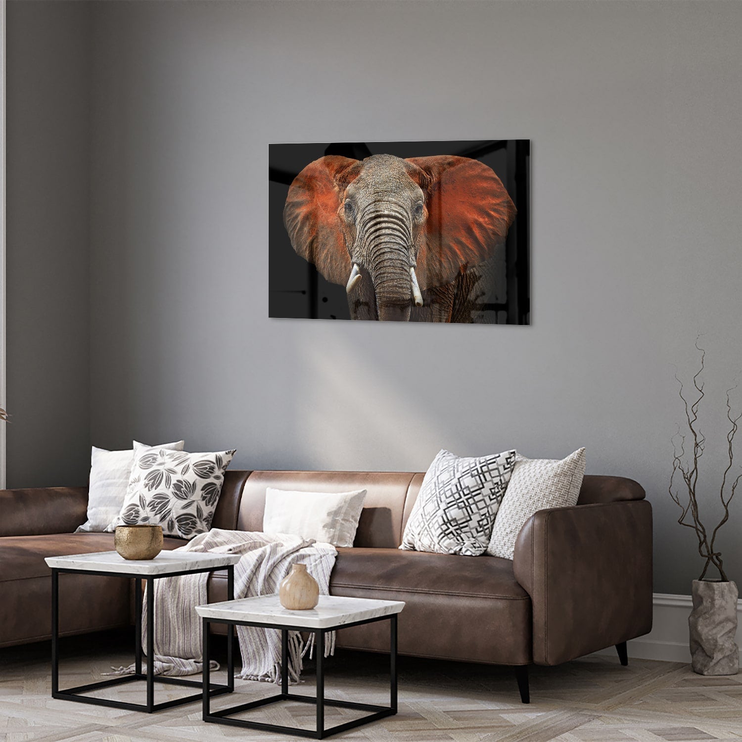 Beeindruckendes Glasbild mit einem Elefanten – Glasbild aus Sicherheitsglas, Größe 50x50_rond