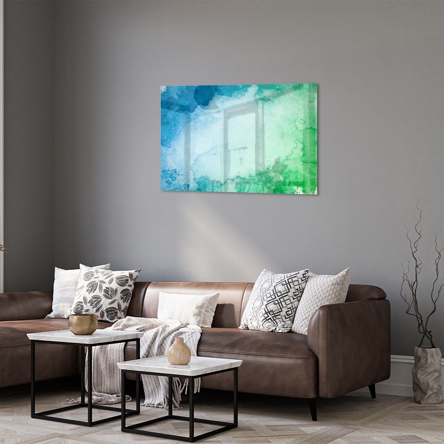 Abstraktes Glasbild in Blau und Grün – Glasbild aus Sicherheitsglas, Größe 50x50_rond