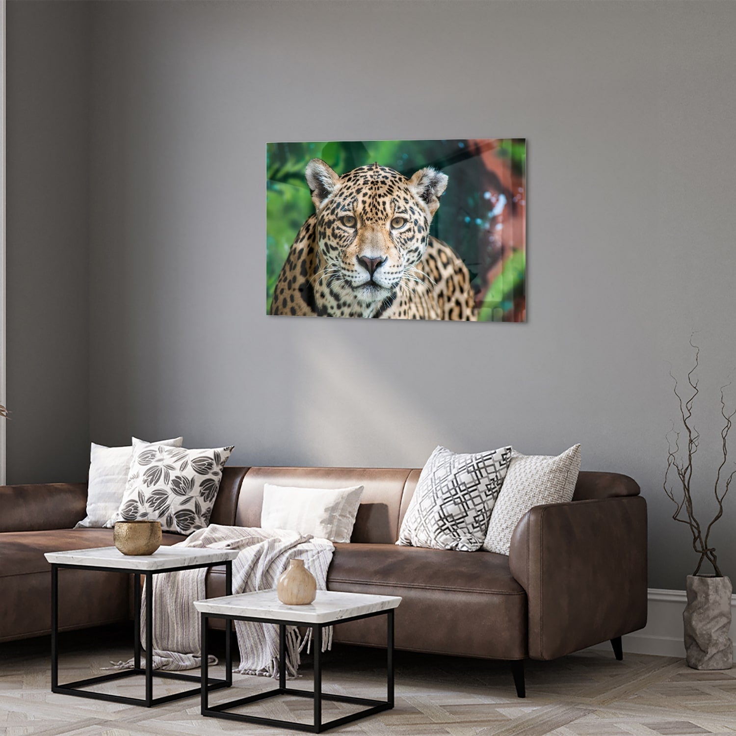 Beeindruckendes Glasbild mit einem Jaguar – Glasbild aus Sicherheitsglas, Größe 50x50_rond