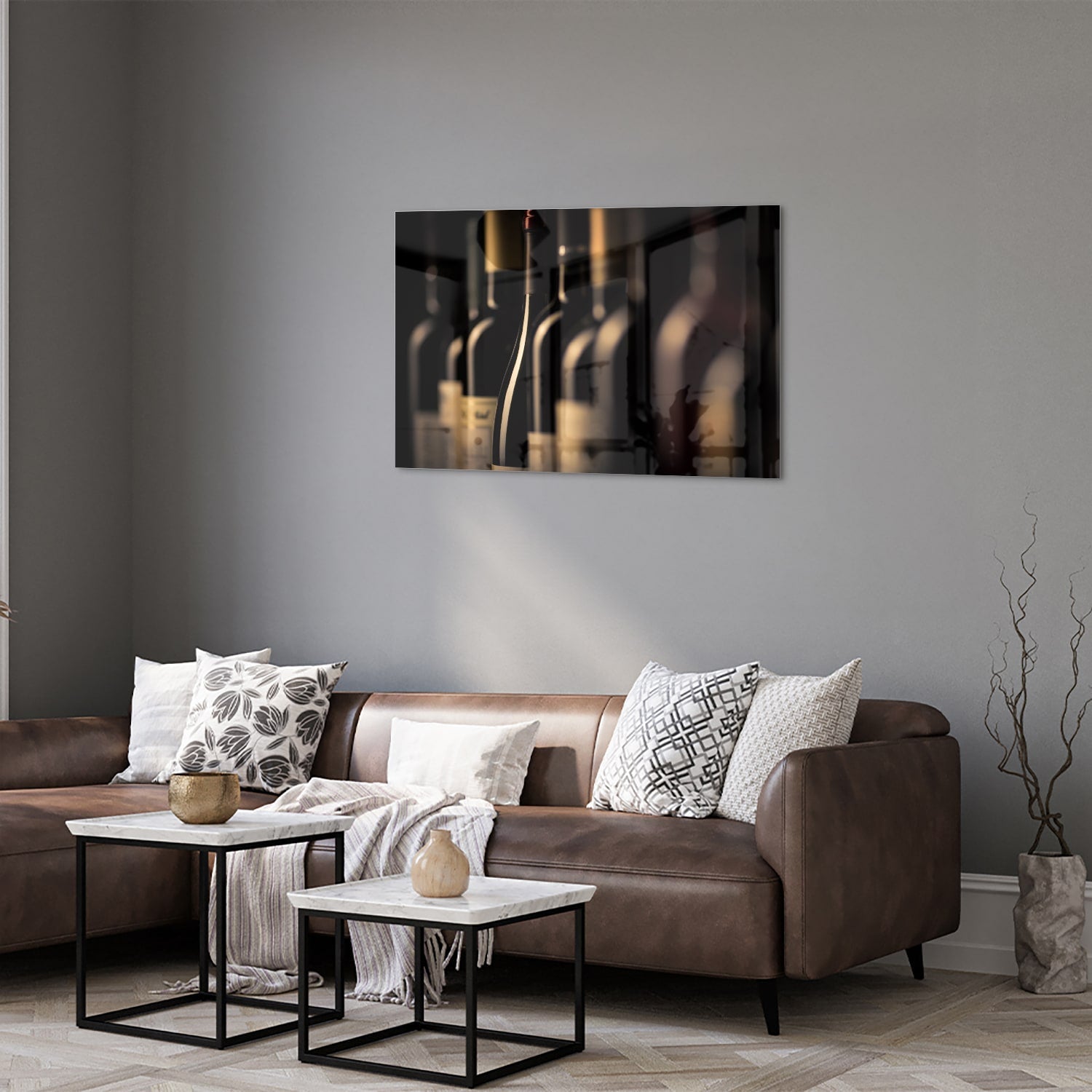 Elegantes Glasbild mit Weinflaschen – Glasbild aus Sicherheitsglas, Größe 50x50_rond