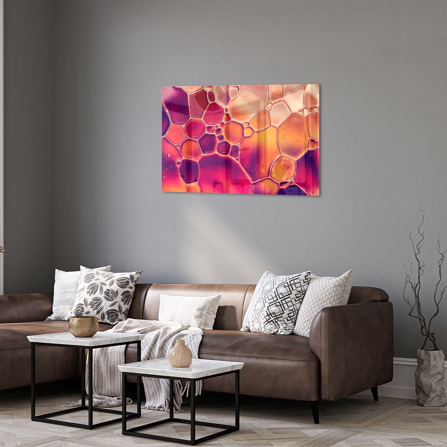 Abstraktes Glasbild in warmen Farben – Glasbild aus Sicherheitsglas, Größe 50x50_rond