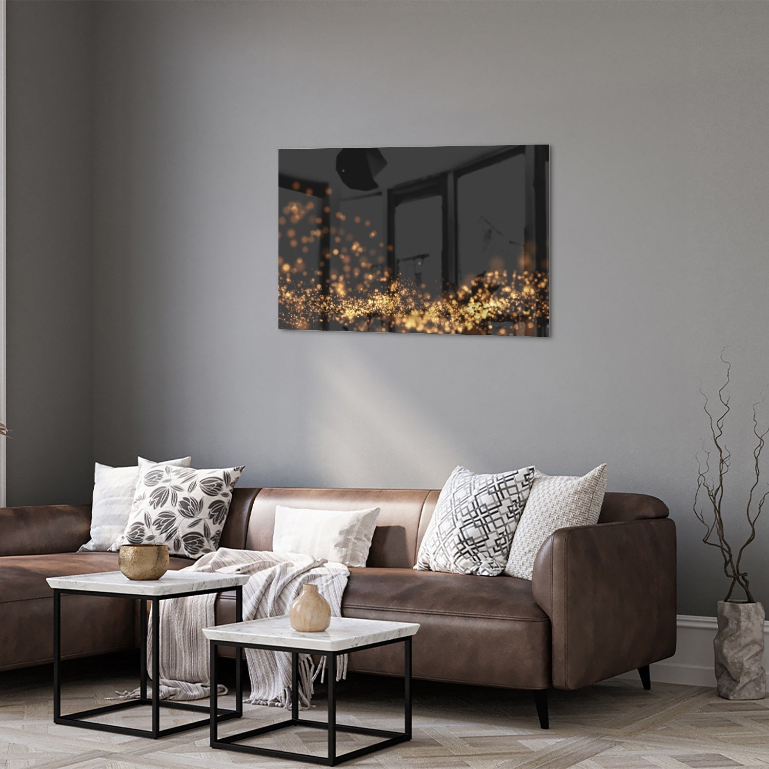 Glasbild mit goldenen Lichtpunkten auf schwarzem Hintergrund – Glasbild aus Sicherheitsglas, Größe 50x50_rond